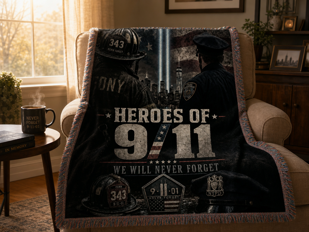9/11 Heroes memorial blanket draped over a cozy armchair
