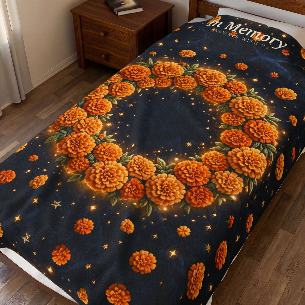 In Memory | Midnight Marigold Wreath Velveteen Plush Blanket