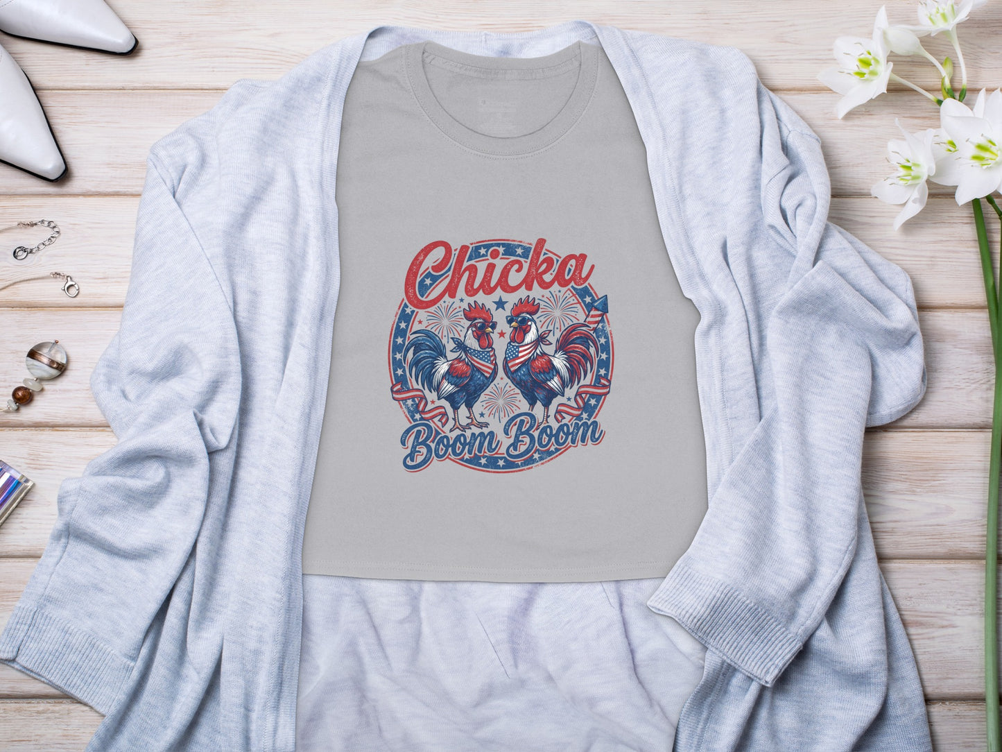 Grey t-shirt with "Chicka Boom Boom" text and roosters in patriotic style.