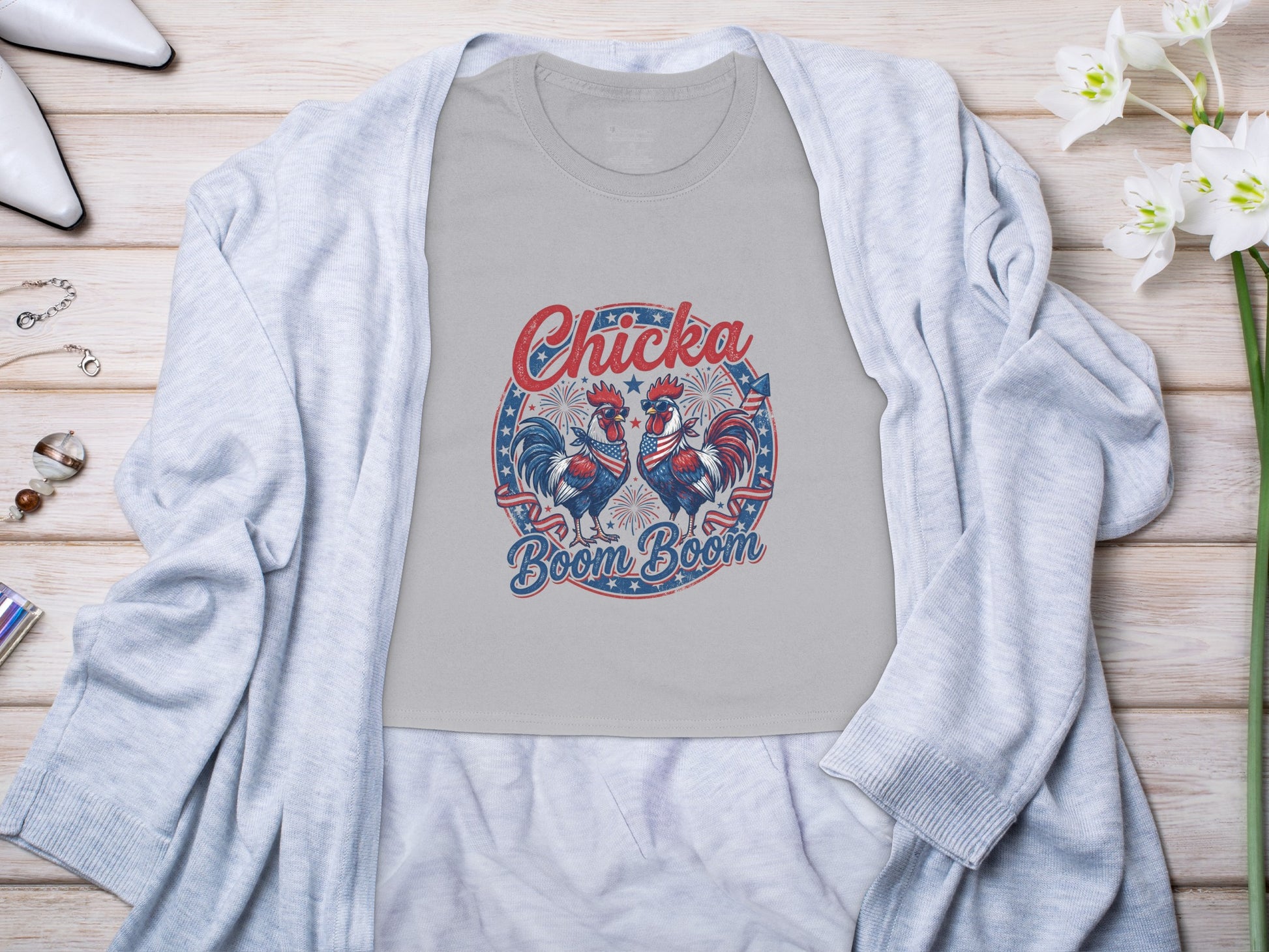 Grey t-shirt with "Chicka Boom Boom" text and roosters in patriotic style.