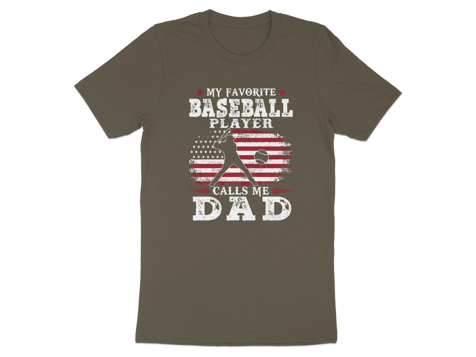 Baseball dad t-shirt with American flag and text "My Favorite Baseball Player Calls Me Dad".