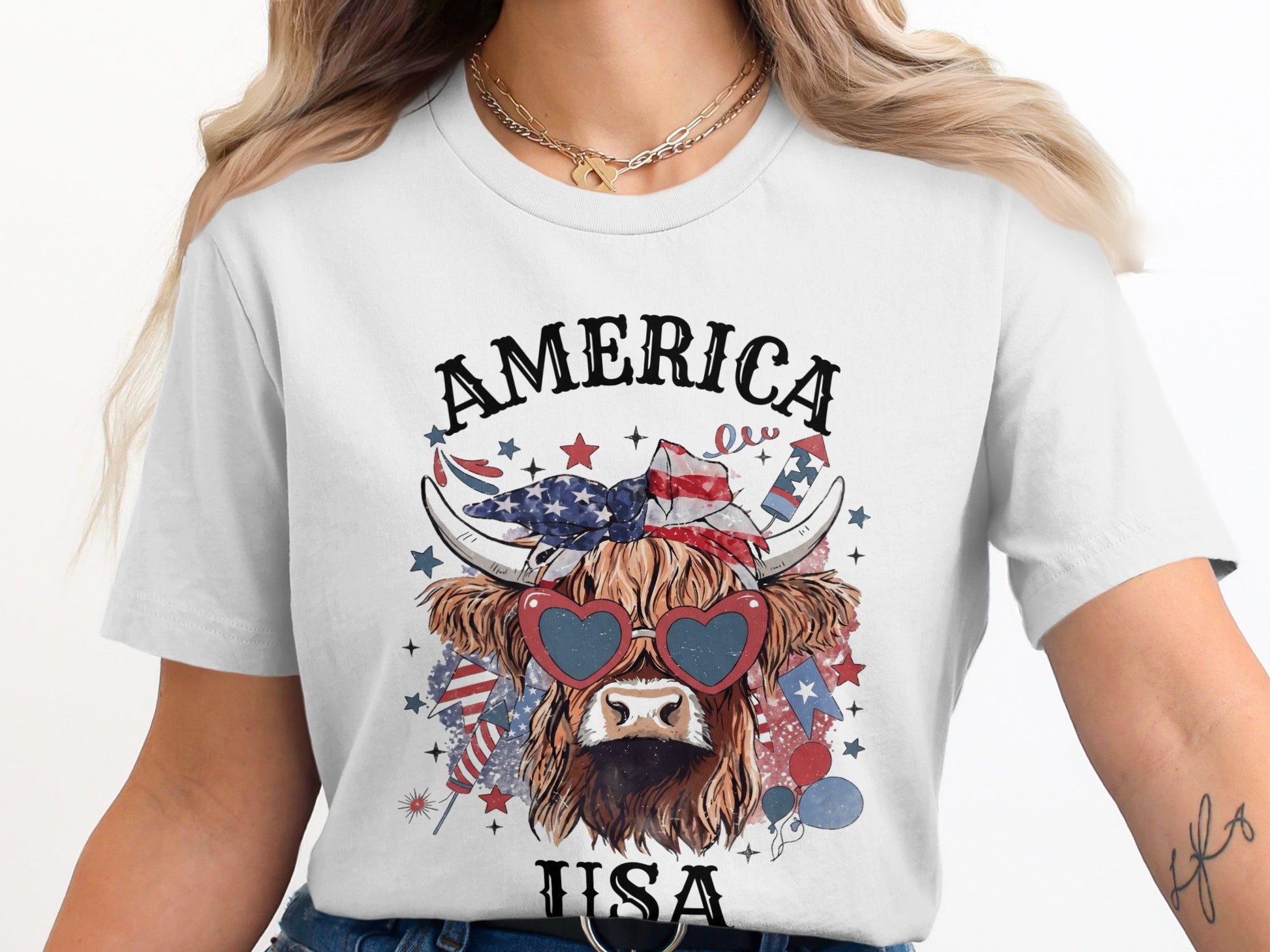 Highland cow with heart-shaped sunglasses and American flag bandana.