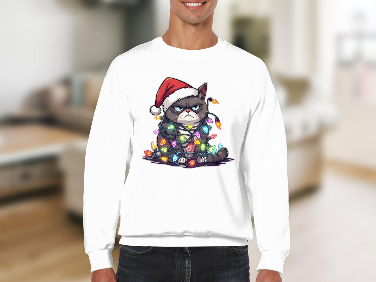 Grumpy Cat Christmas Lights Santa Hat Funny Sweatshirt