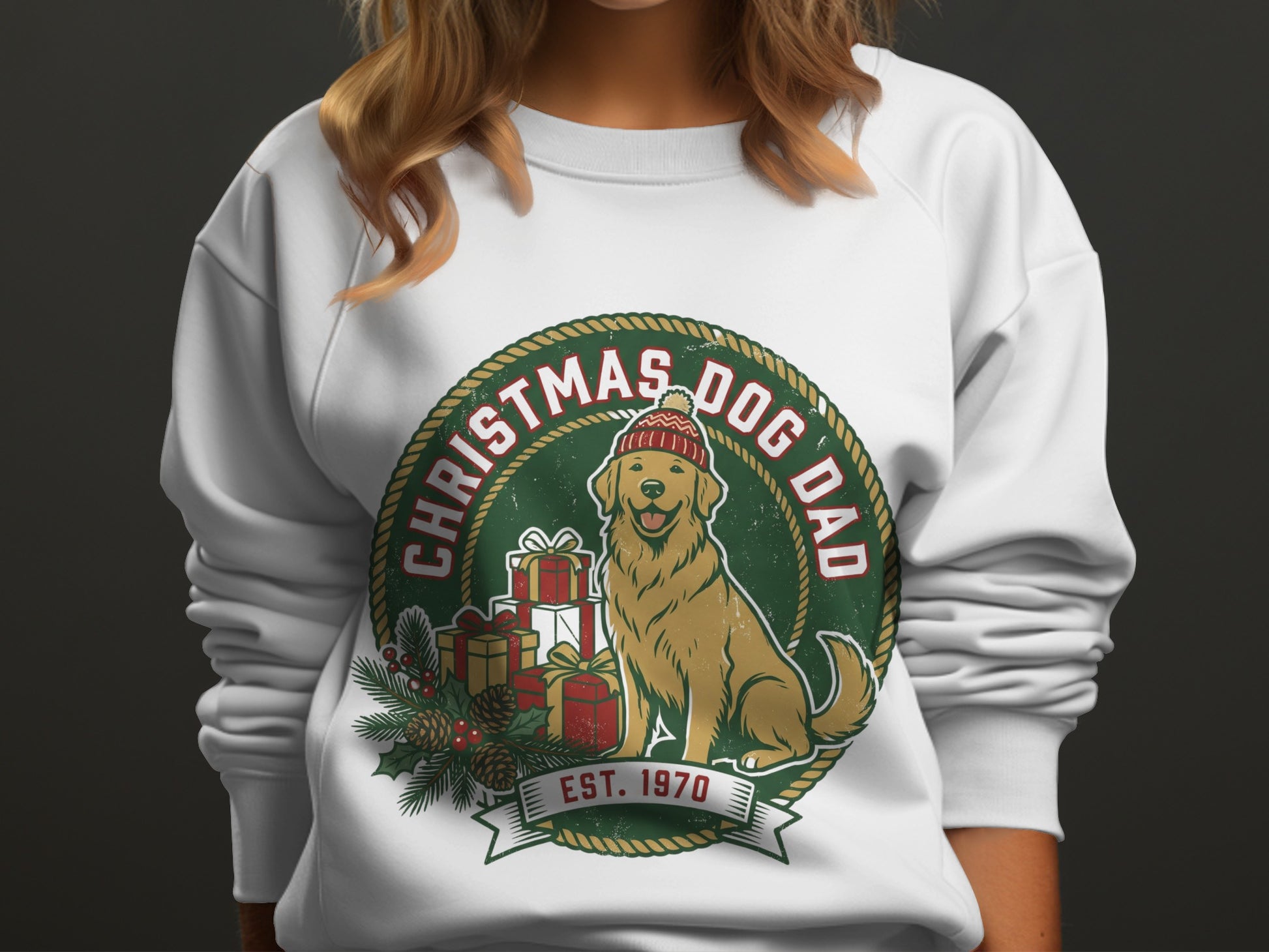 Christmas Dog Dad graphic with a golden retriever, gifts, and pine sprigs.
