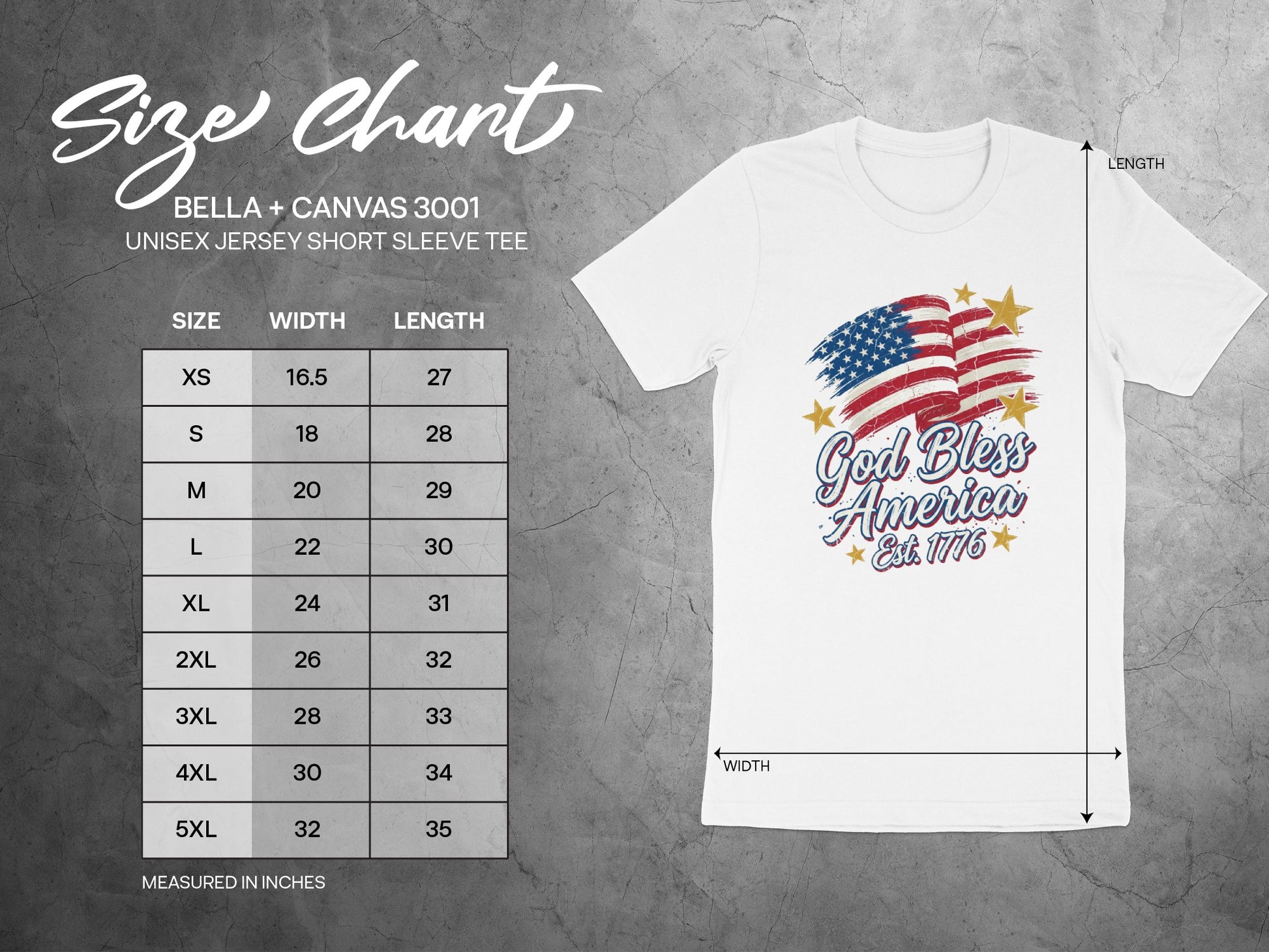 Bella + Canvas 3001 size chart with American flag t-shirt.