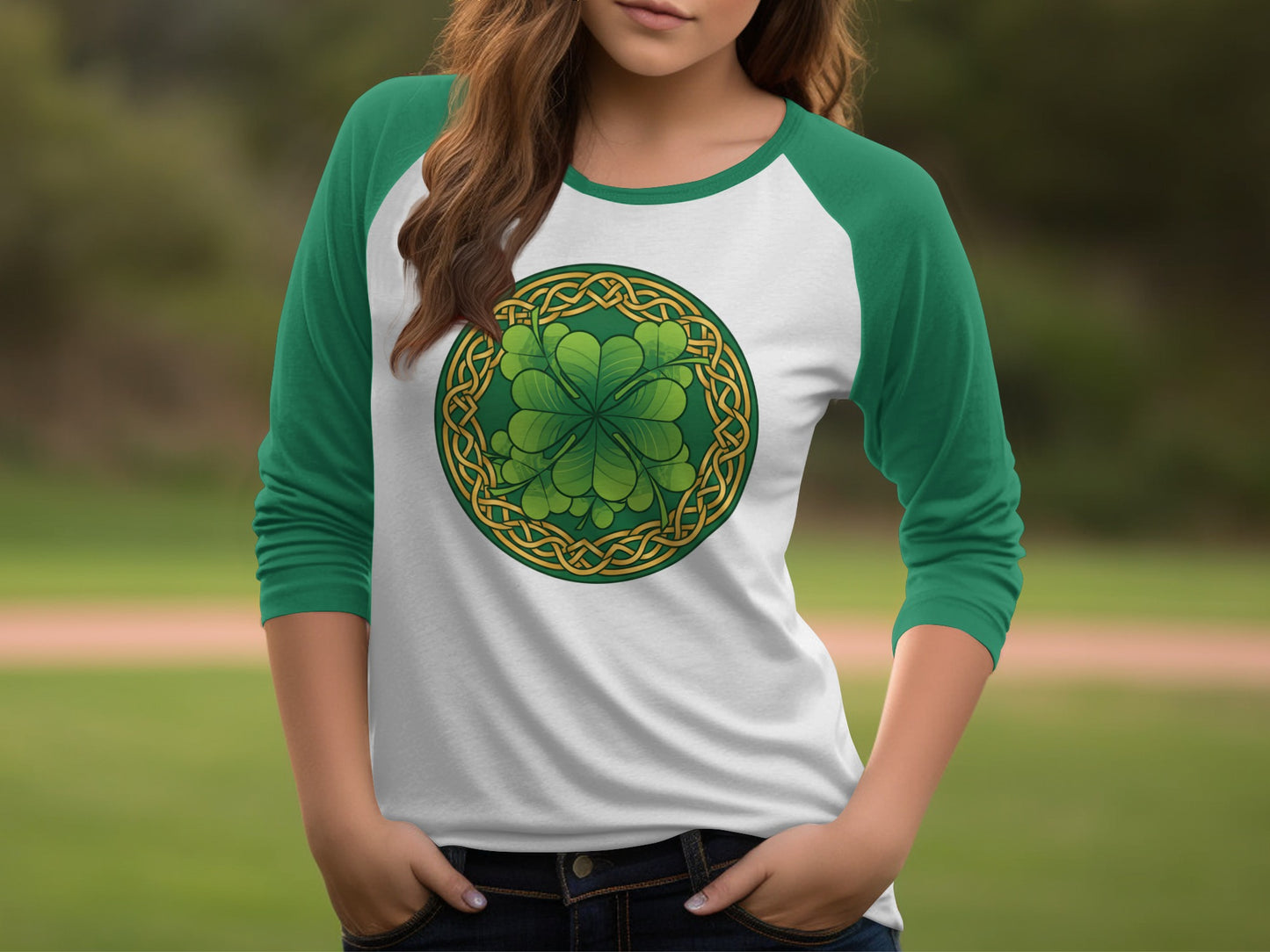 Green Gold Celtic Knot Clover Raglan Shirt product type
Shamrock design
Four leaf clover
Celtic knotwork
Irish inspired
Green gold print
Lucky symbol
St Patricks Day
Baseball shirt
Raglan sleeve
Graphic apparel
Womens fashion
Mens raglan
Clover art
Celtic apparel
Knot design
Heritage style
Symbolic shirt
Nature motif
Good fortune
Irish pride