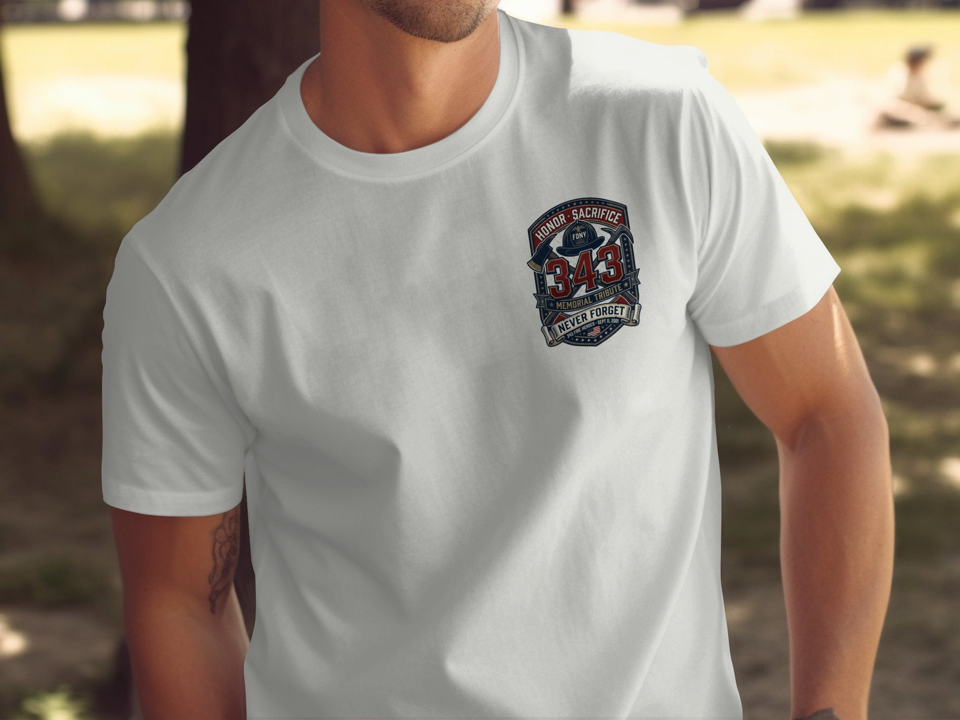 White t-shirt with 343 FDNY memorial tribute graphic for 9/11 heroes.