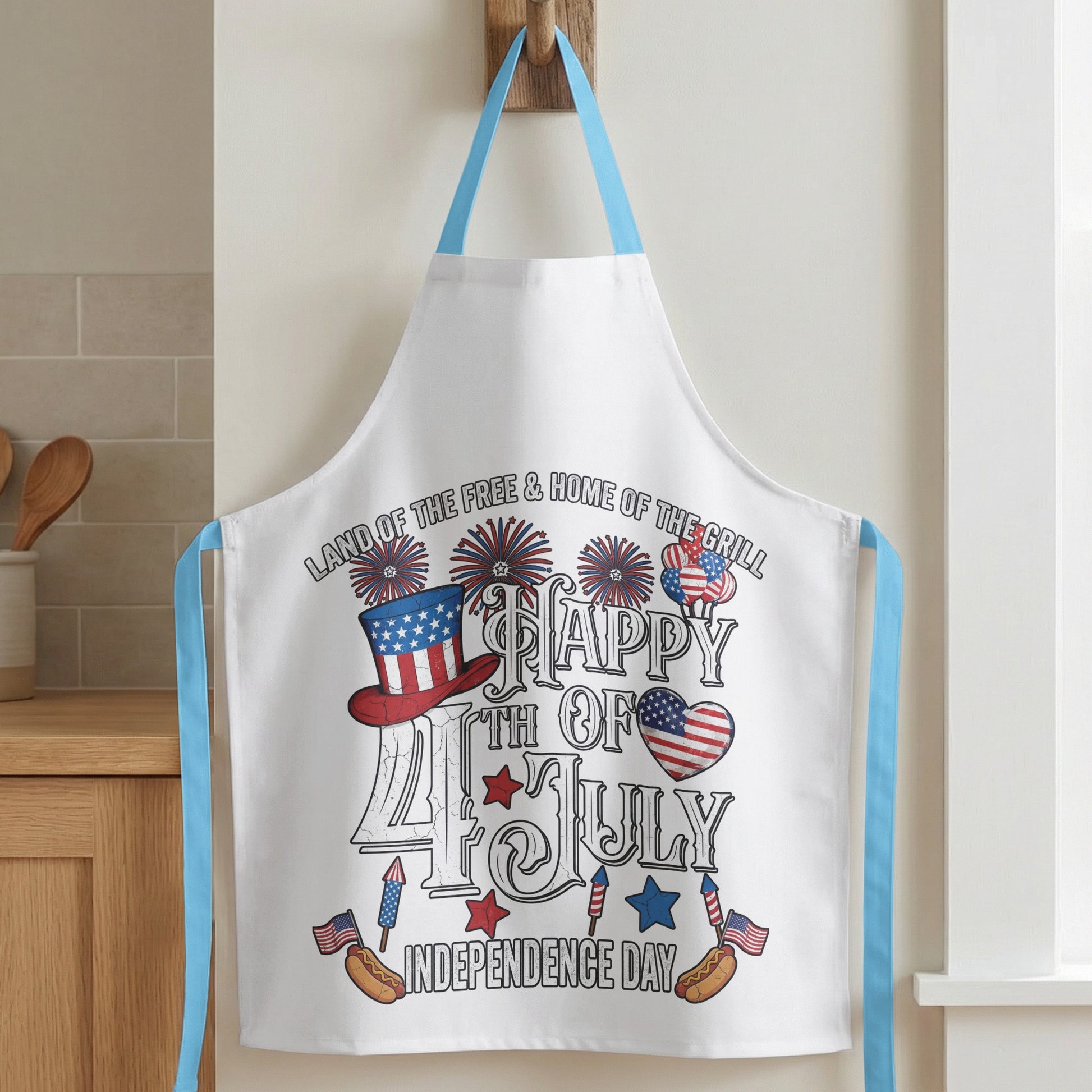 White apron with "Happy 4th of July Independence Day" and patriotic graphics.
