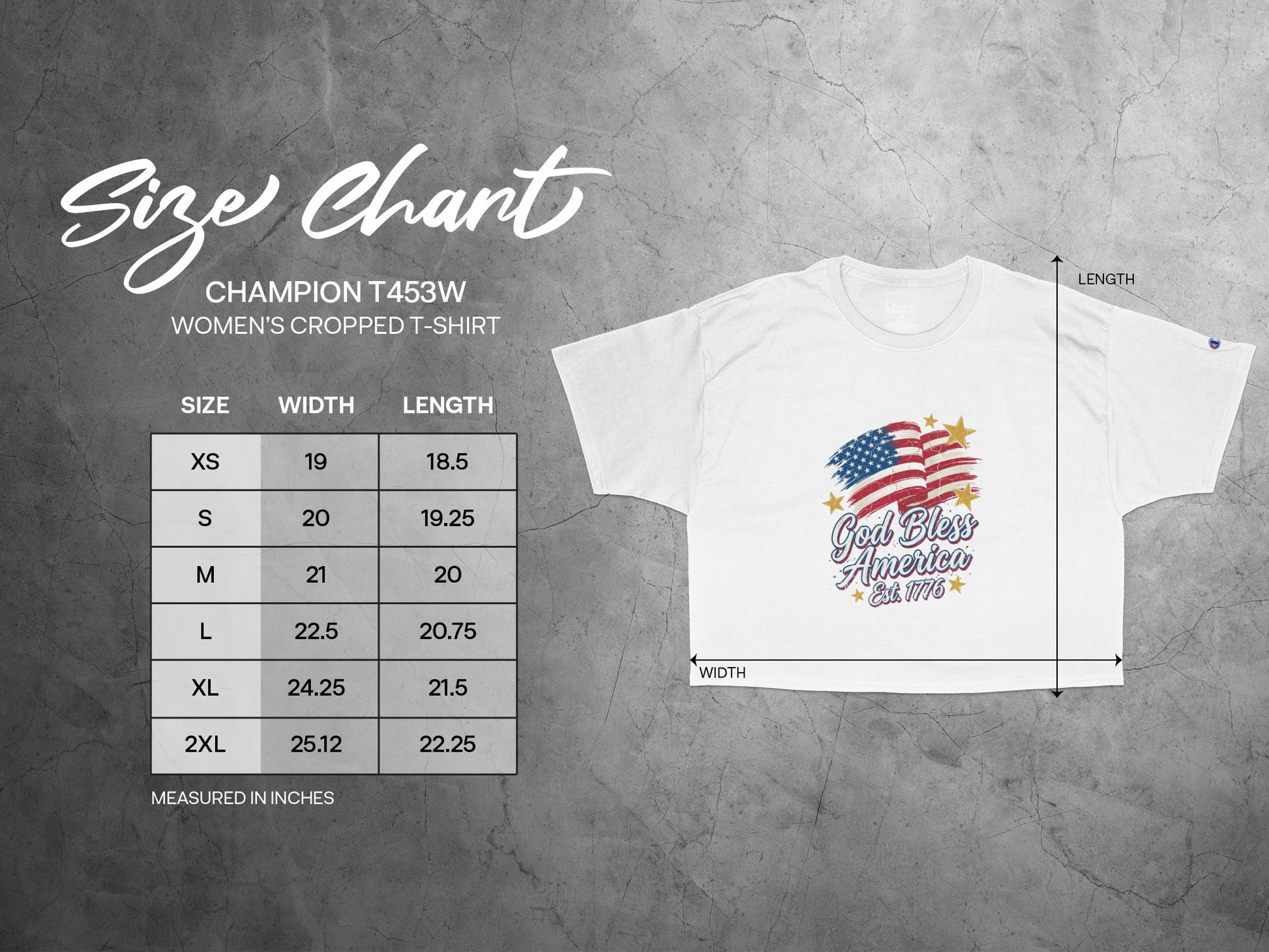Champion T453W women's cropped t-shirt size chart with measurements for width and length.