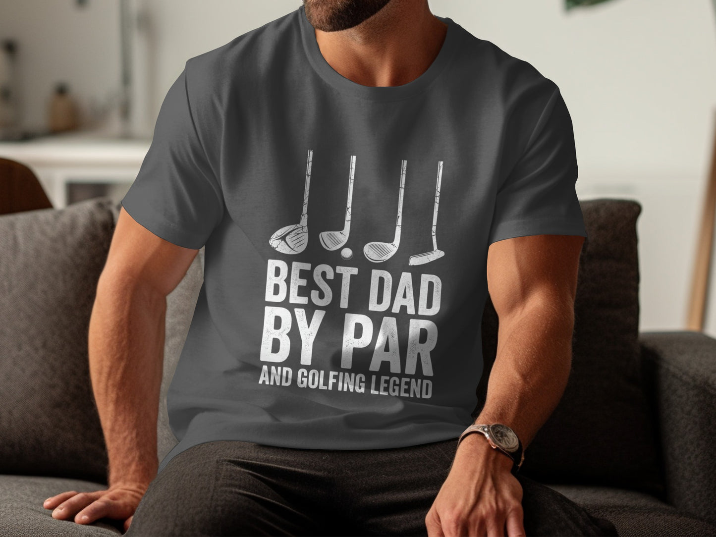 Gray t-shirt with golf clubs and "BEST DAD BY PAR AND GOLFING LEGEND" text.