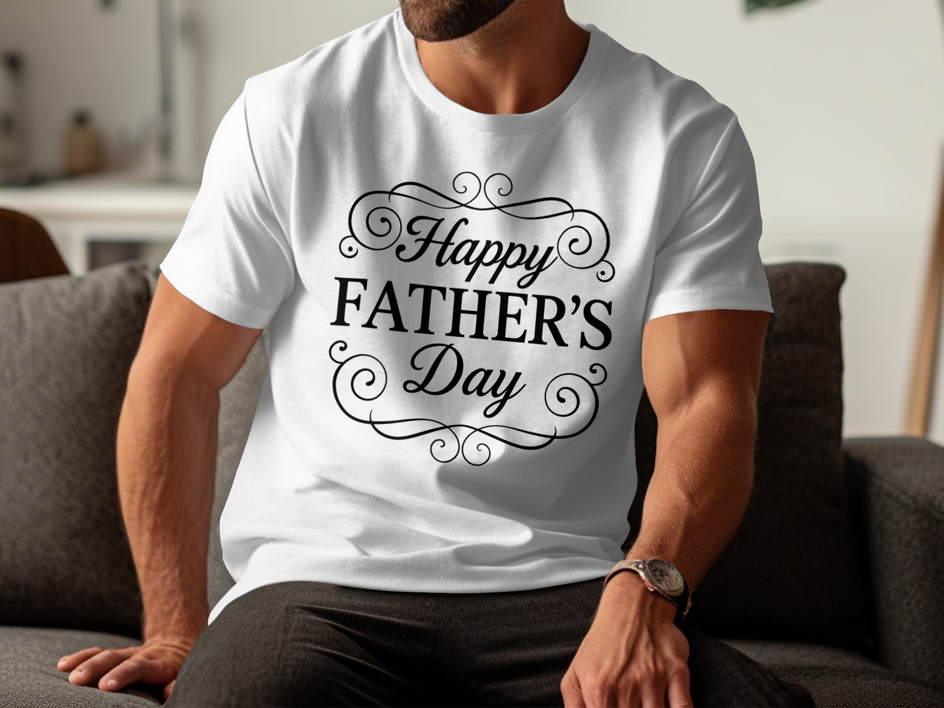White t-shirt with "Happy Father's Day" text in a decorative font.