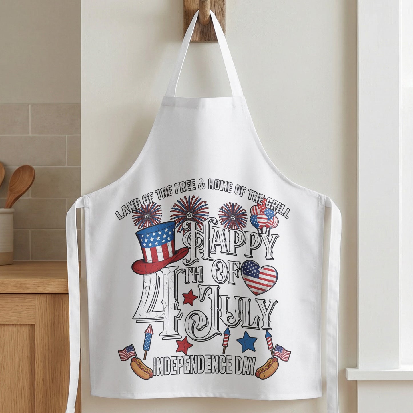 White apron with "Happy 4th of July Independence Day" text, patriotic graphics.