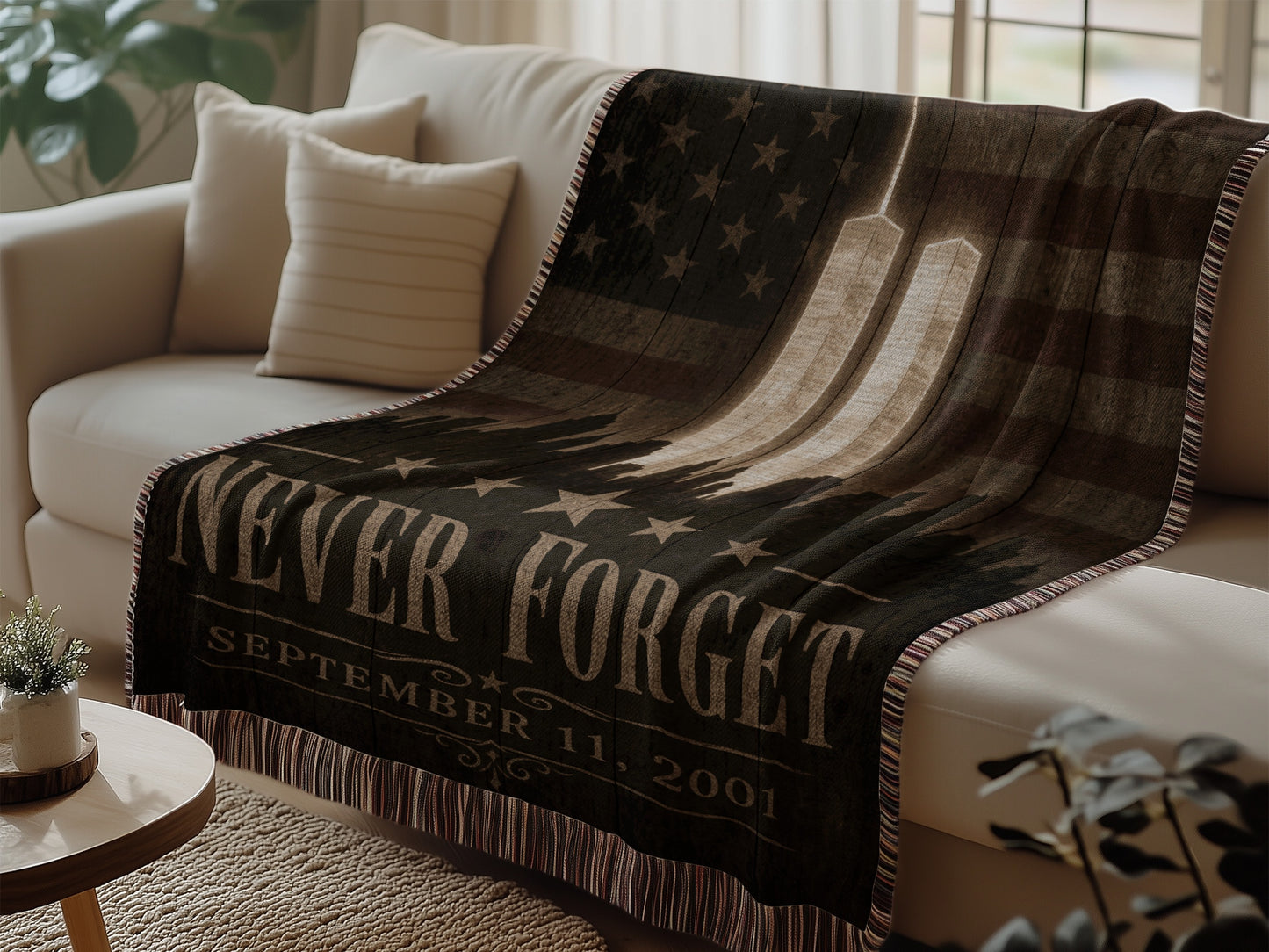 Woven throw blanket with "Never Forget September 11, 2001" and Twin Towers graphic.