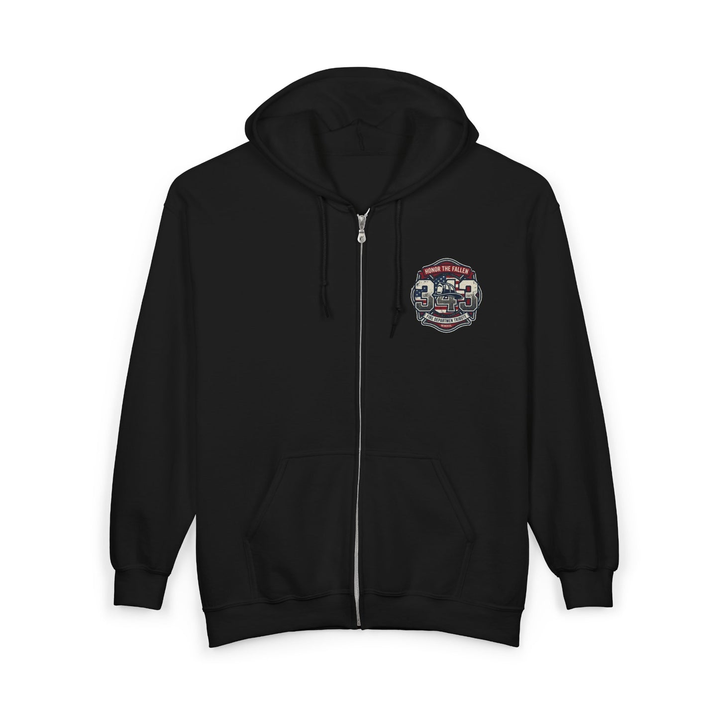 Black zip-up hoodie featuring a "343 Fire Department Tribute" emblem on the chest.