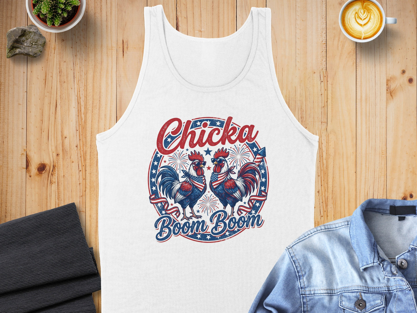 White tank top with two roosters wearing sunglasses and bandanas, "Chicka Boom Boom" text.