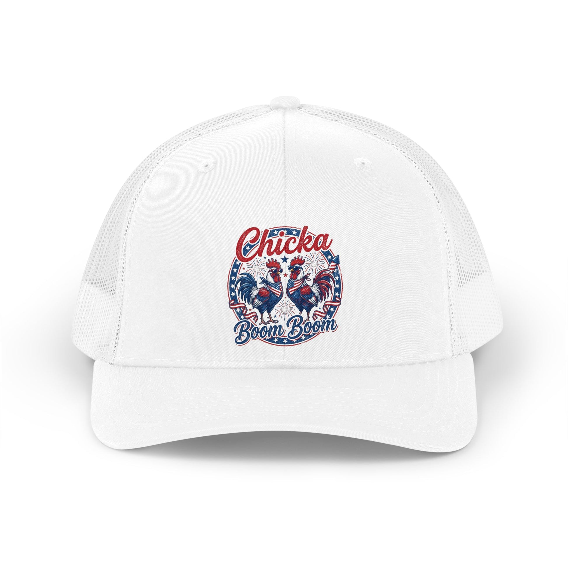 White trucker hat with roosters, American flags, fireworks and "Chicka Boom Boom" text.