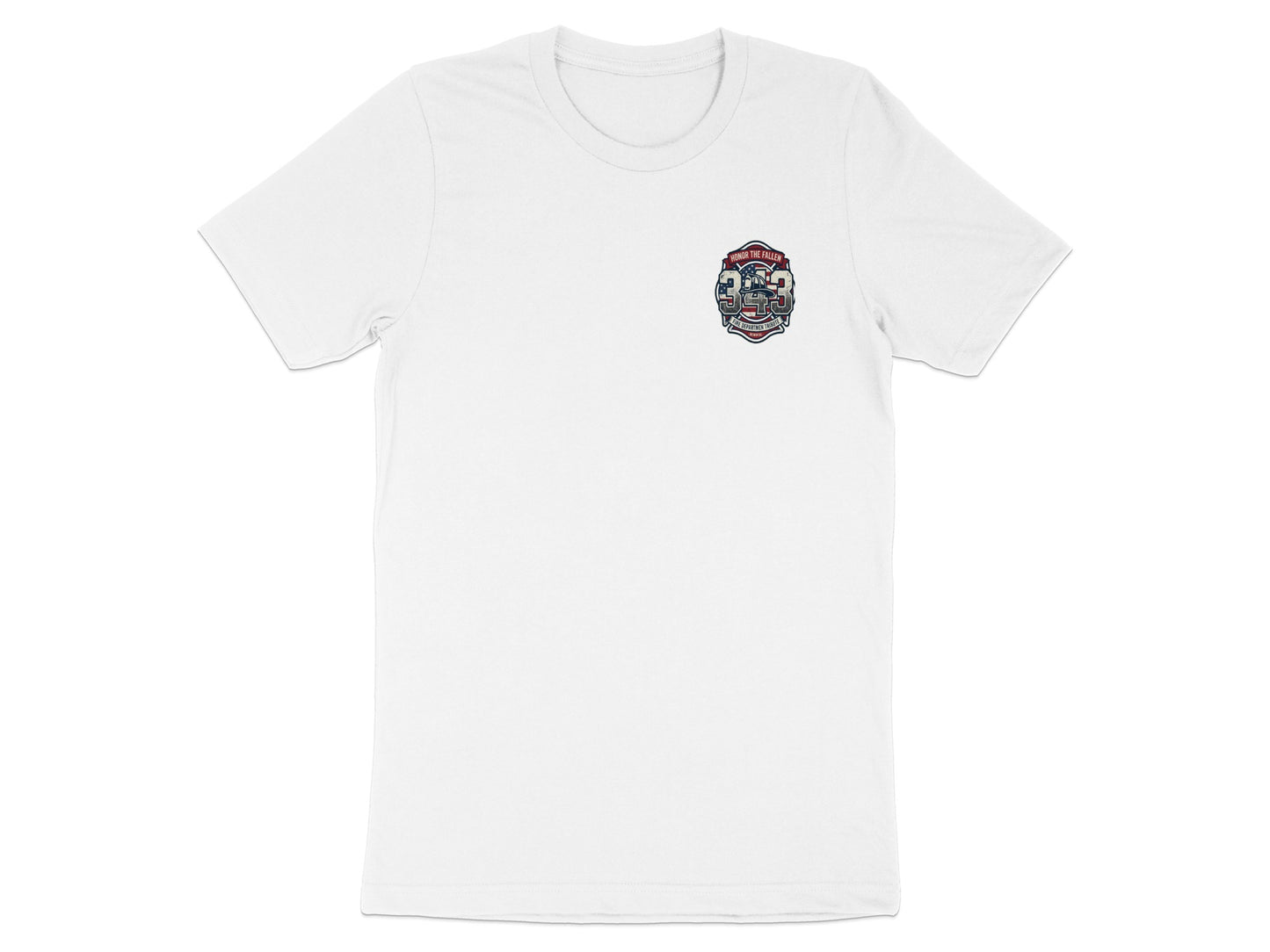 White t-shirt with a shield emblem featuring the number 343 and "Honor the Fallen."