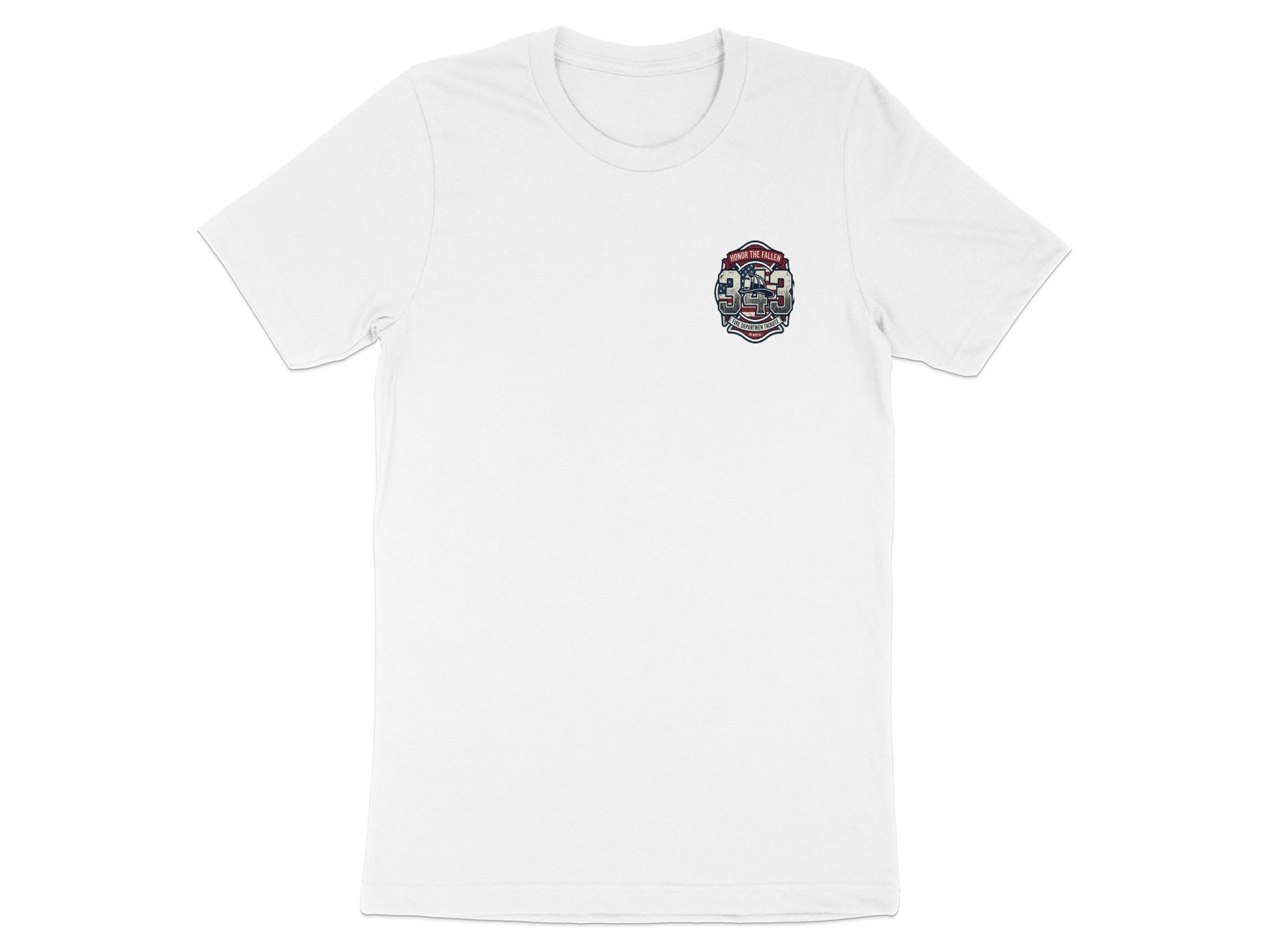 White t-shirt with a shield emblem featuring the number 343 and "Honor the Fallen."