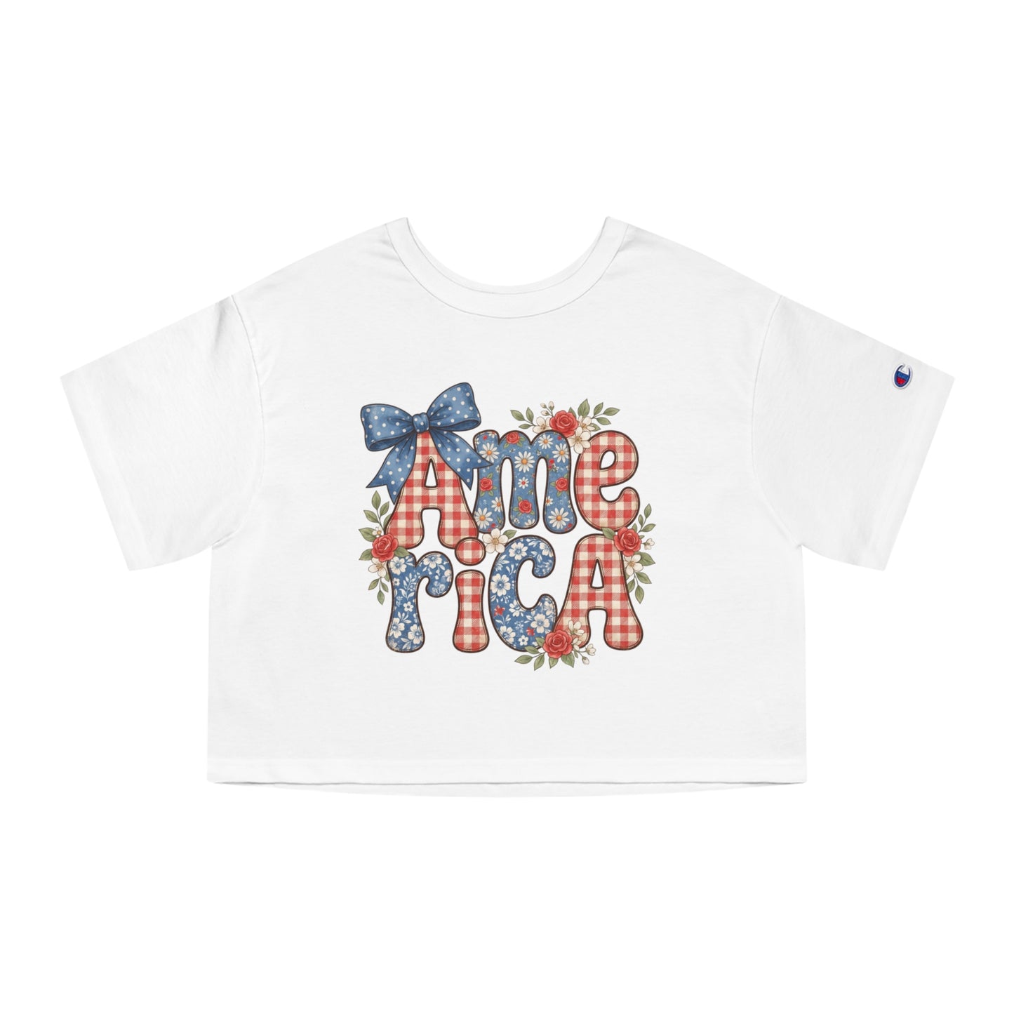 White crop top with "America" text in floral and gingham patterns.
