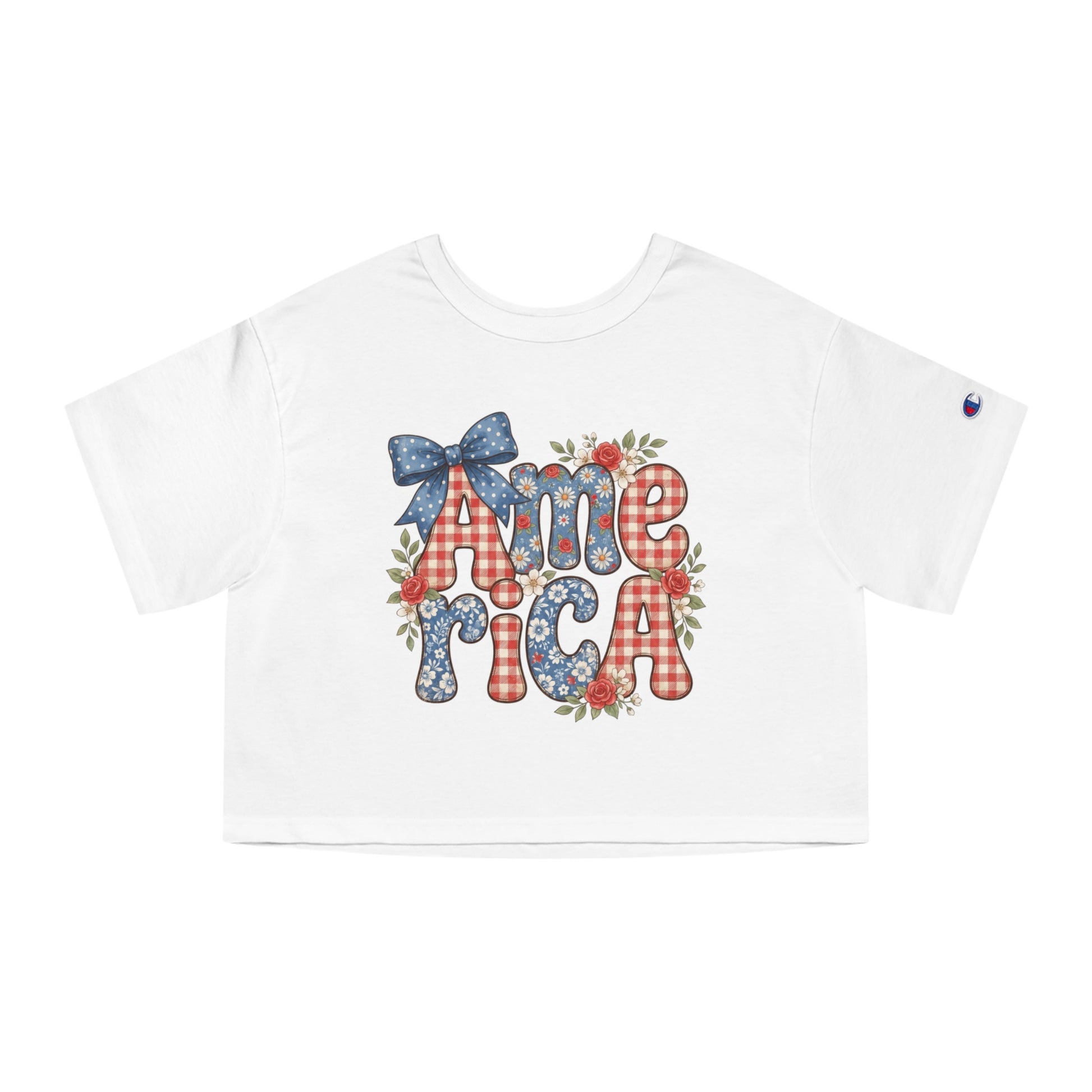 White crop top with "America" text in floral and gingham patterns.