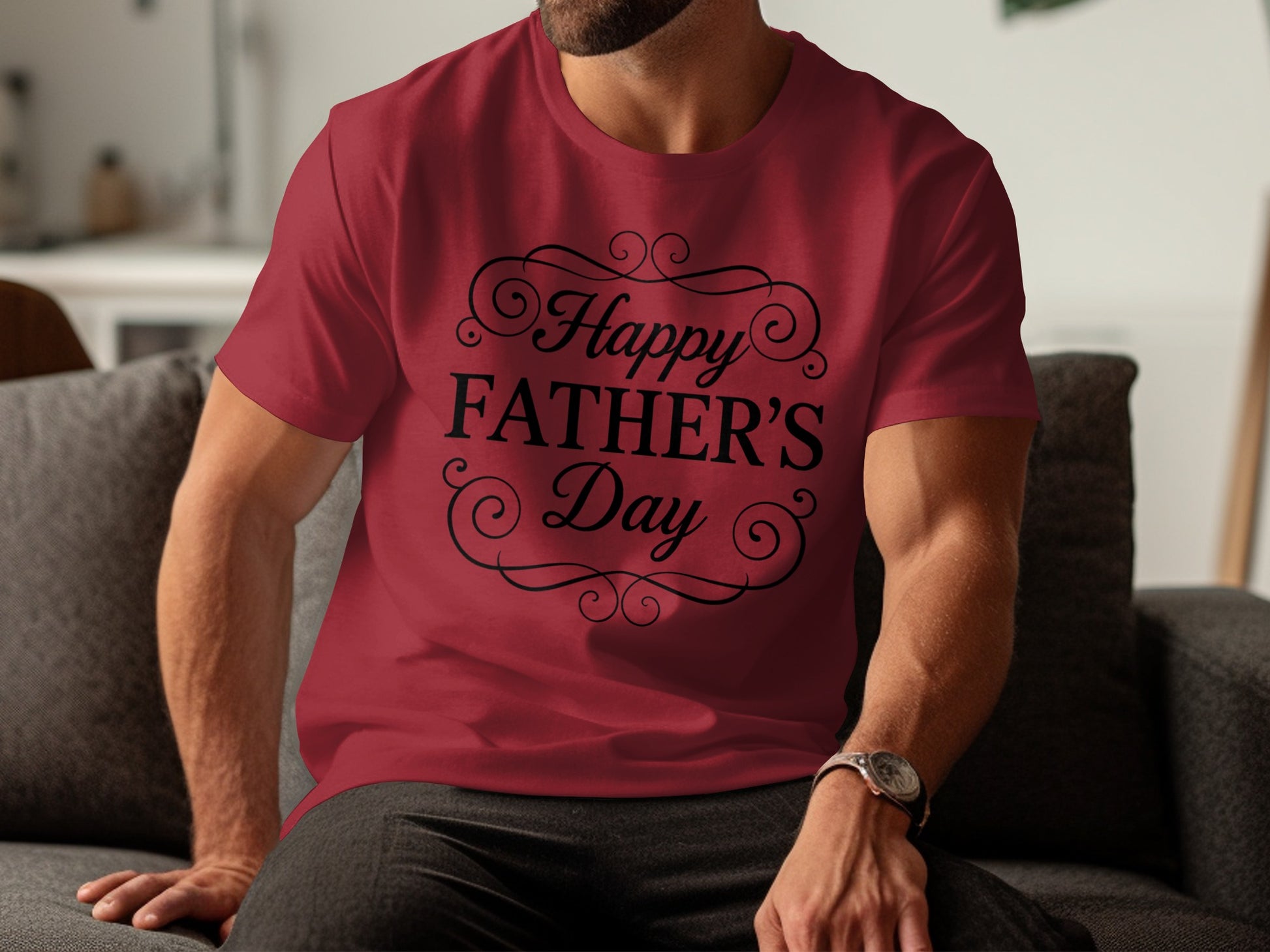 Burgundy t-shirt with "Happy Father's Day" script text.