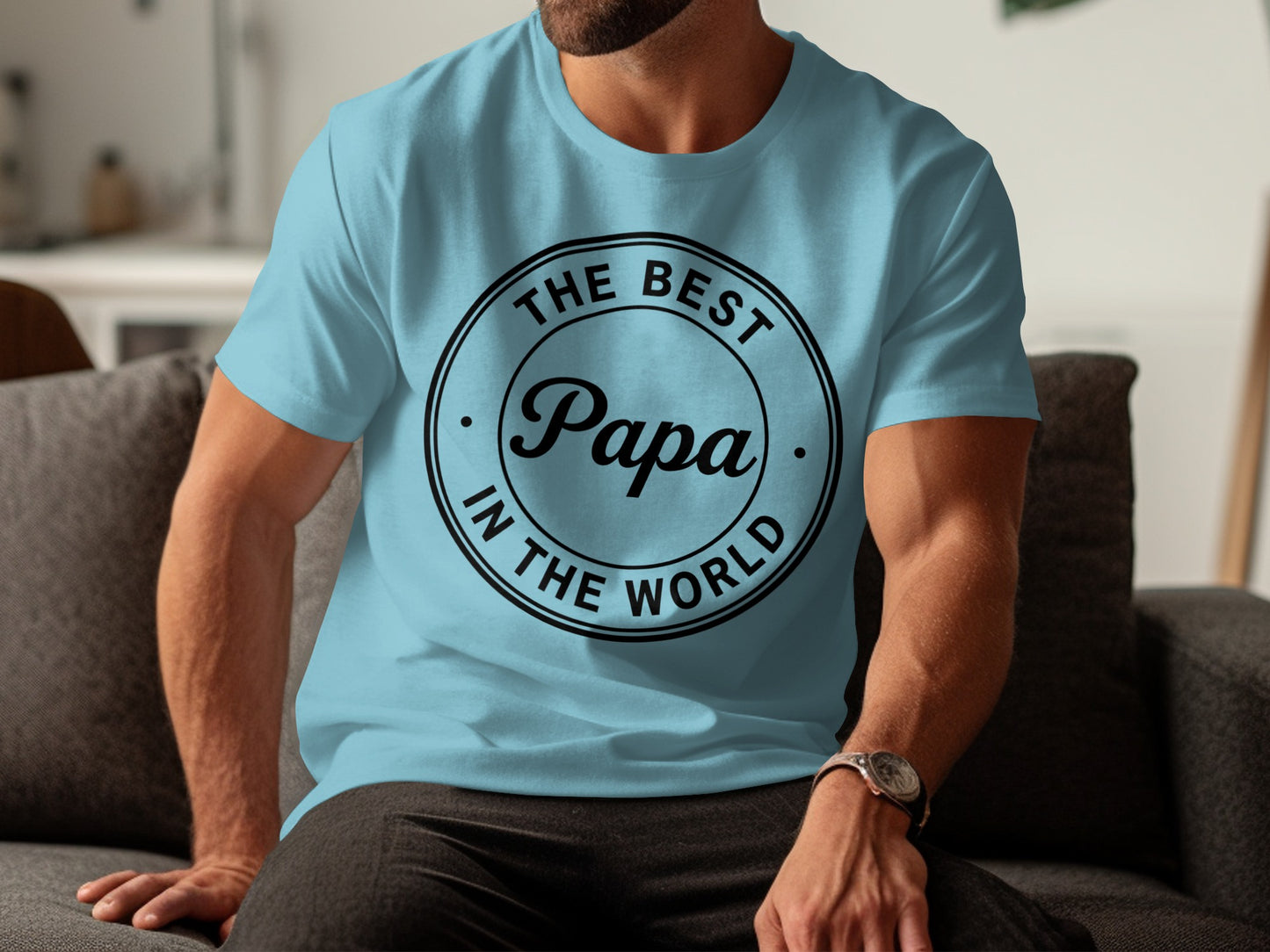 Light blue t-shirt with "The Best Papa In The World" text.