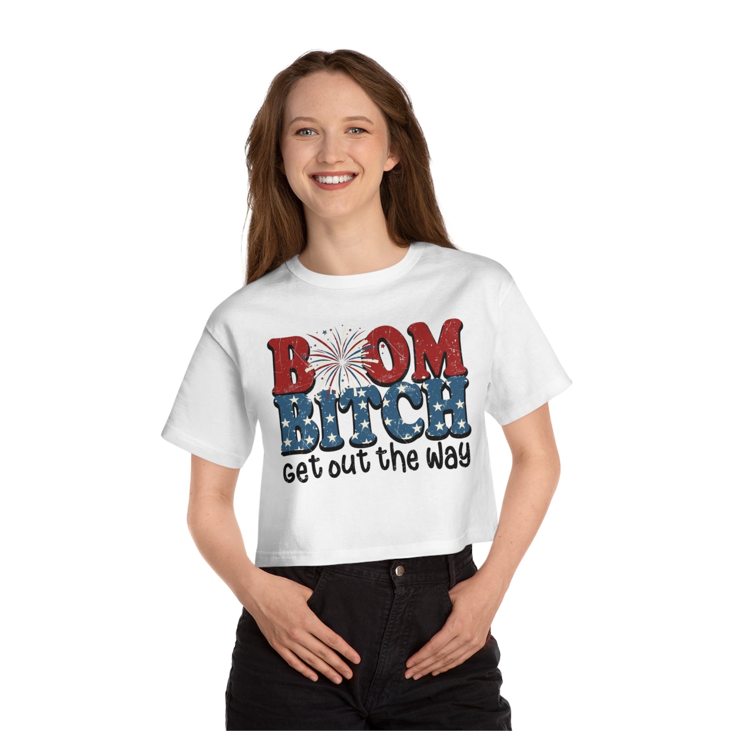 White crop top with "Boom Bitch get out the way" text and fireworks graphic.