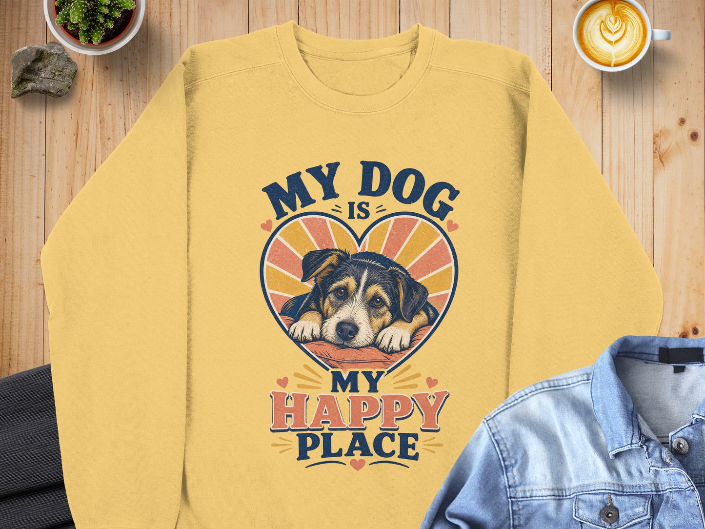 Yellow sweatshirt with "MY DOG IS MY HAPPY PLACE" text and dog graphic.