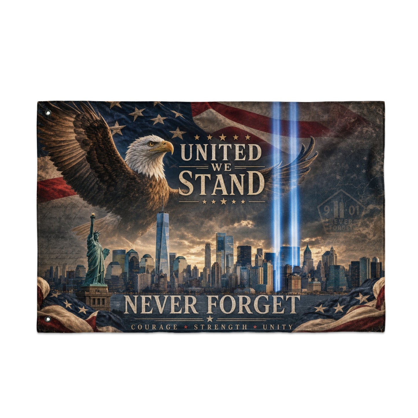 Eagle, Statue of Liberty, NYC skyline, and American flag with "United We Stand" and "Never Forget."