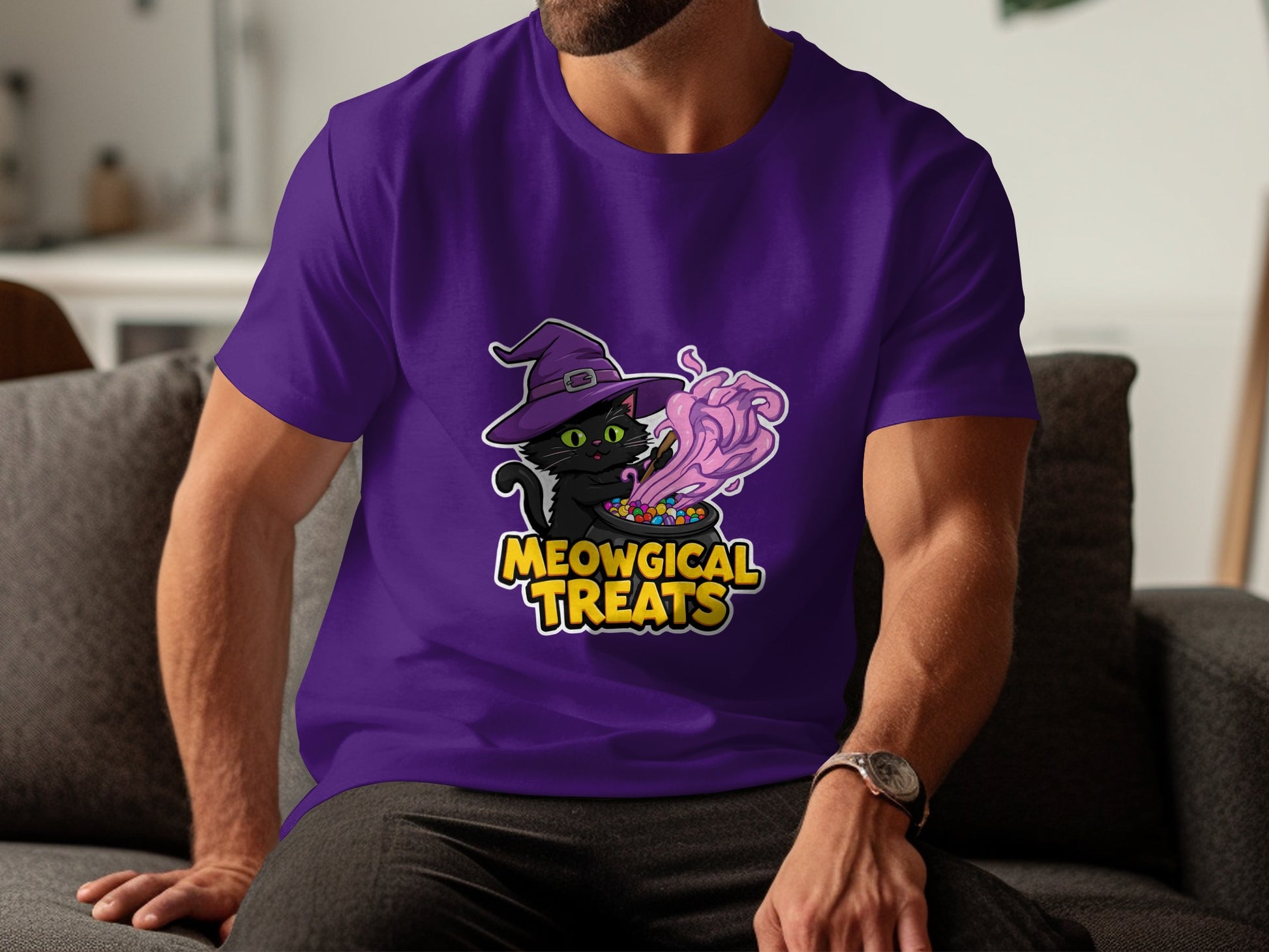 Meowgical Treats Design on Purple Witch Cat Shirt Product