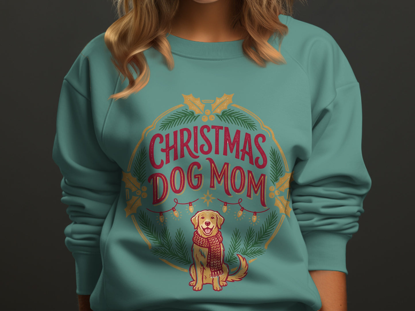 Teal sweatshirt with Christmas Dog Mom graphic featuring a golden retriever.
