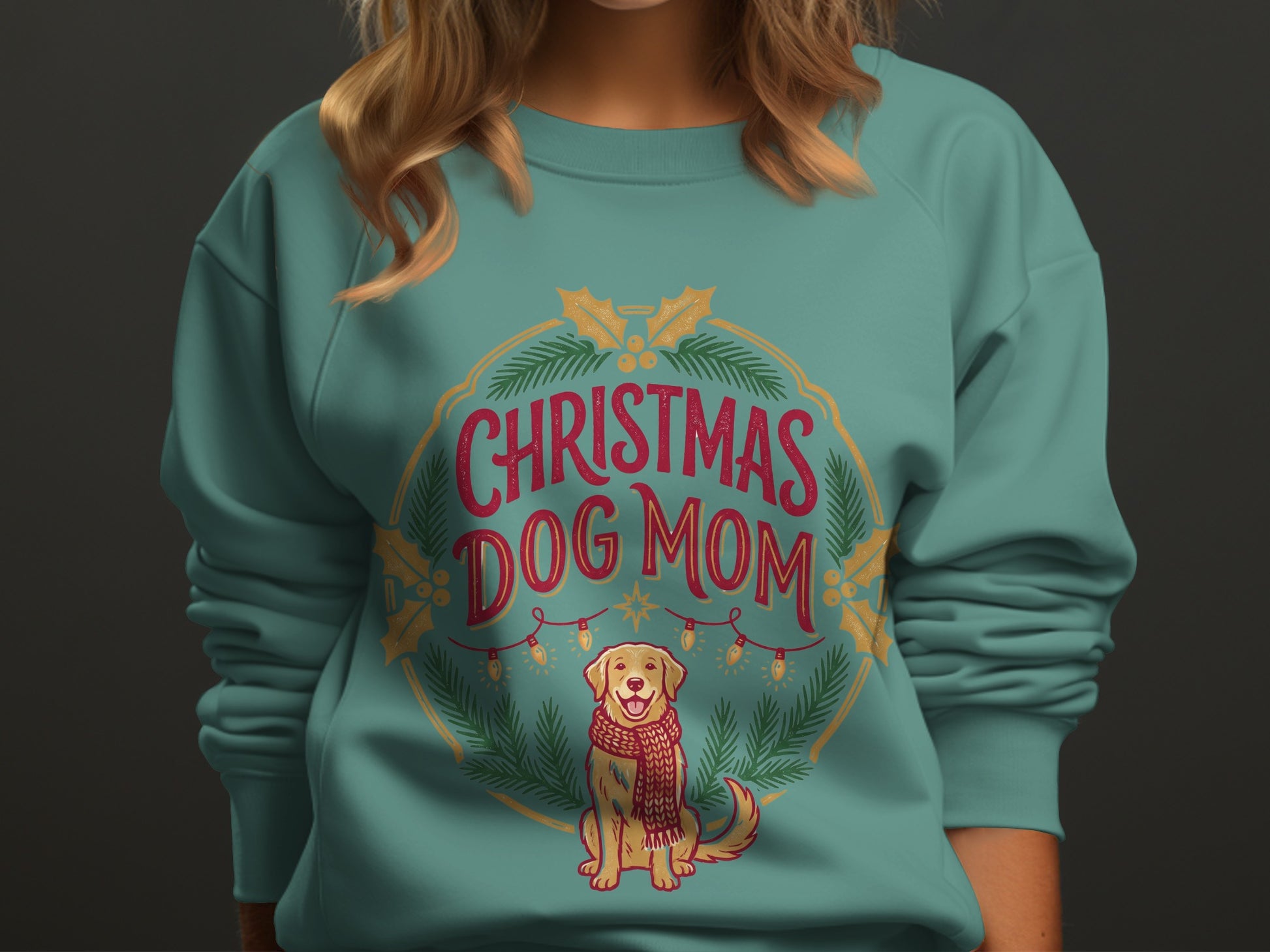 Teal sweatshirt with Christmas Dog Mom graphic featuring a golden retriever.