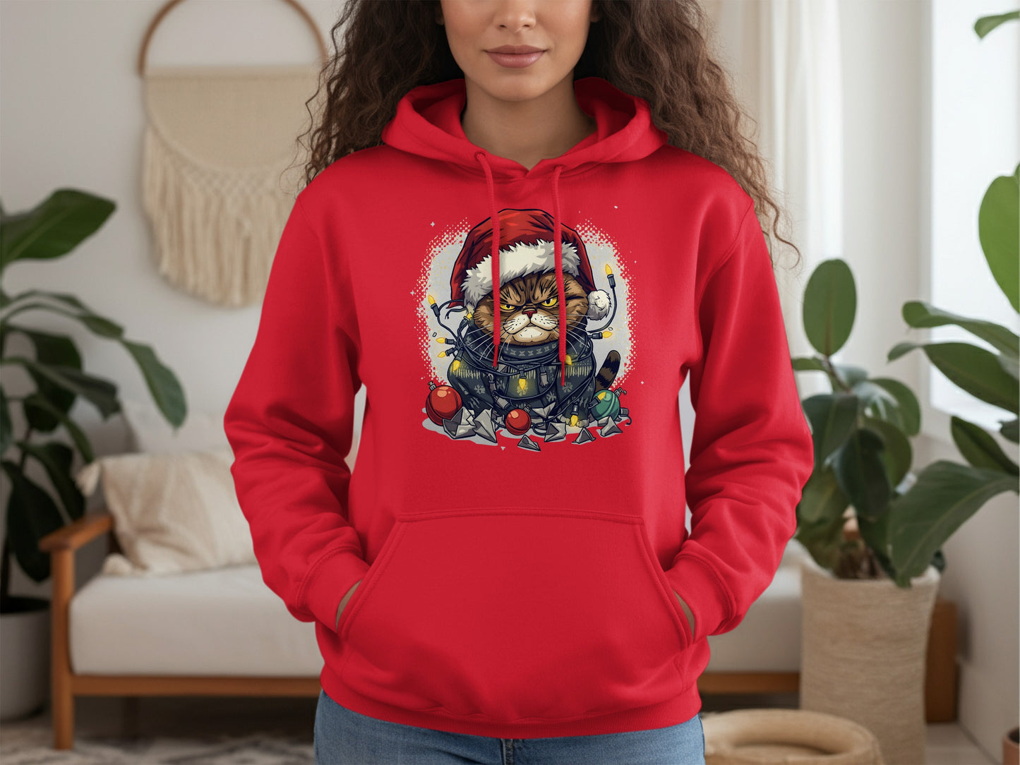 Festive Cat in Santa Hat Hoodie with Christmas Theme