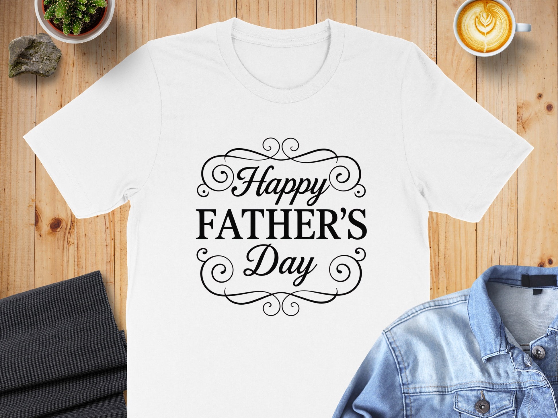 White t-shirt with "Happy Father's Day" text in a decorative font.