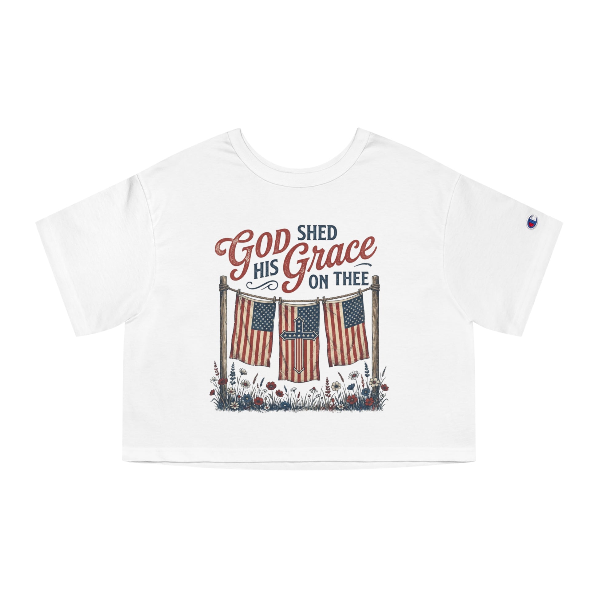 White crop top with text "God Shed His Grace On Thee" and American flags.