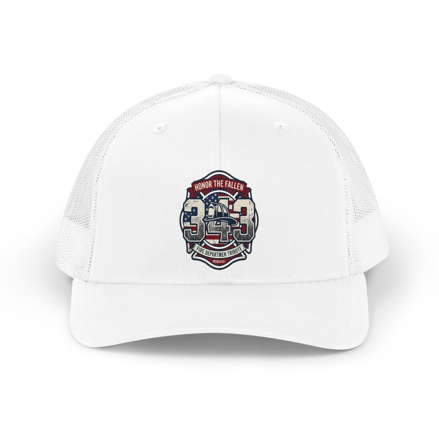 White trucker hat with "Honor the Fallen 343 Fire Department Tribute Memorial" emblem.