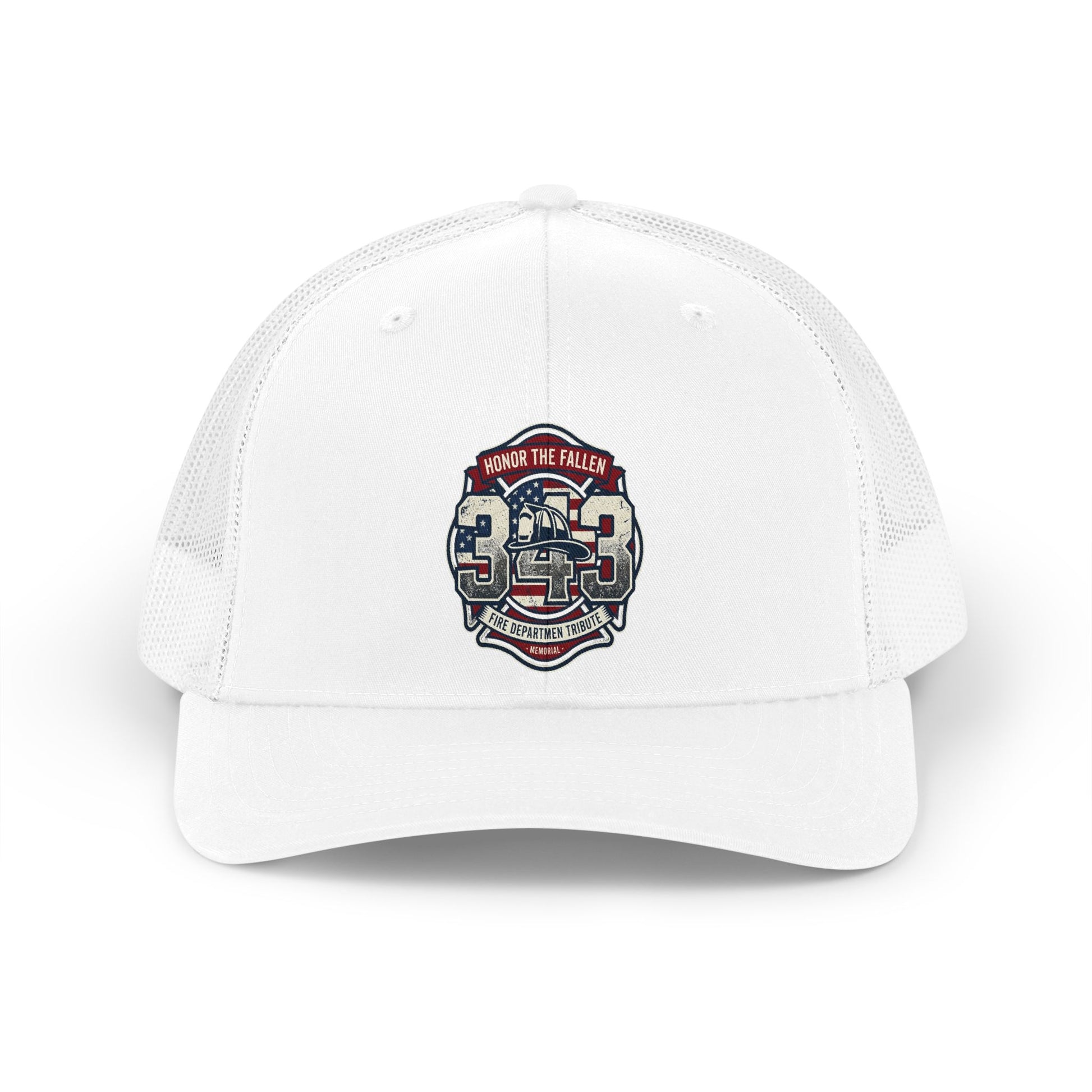 White trucker hat with "Honor the Fallen 343 Fire Department Tribute Memorial" emblem.