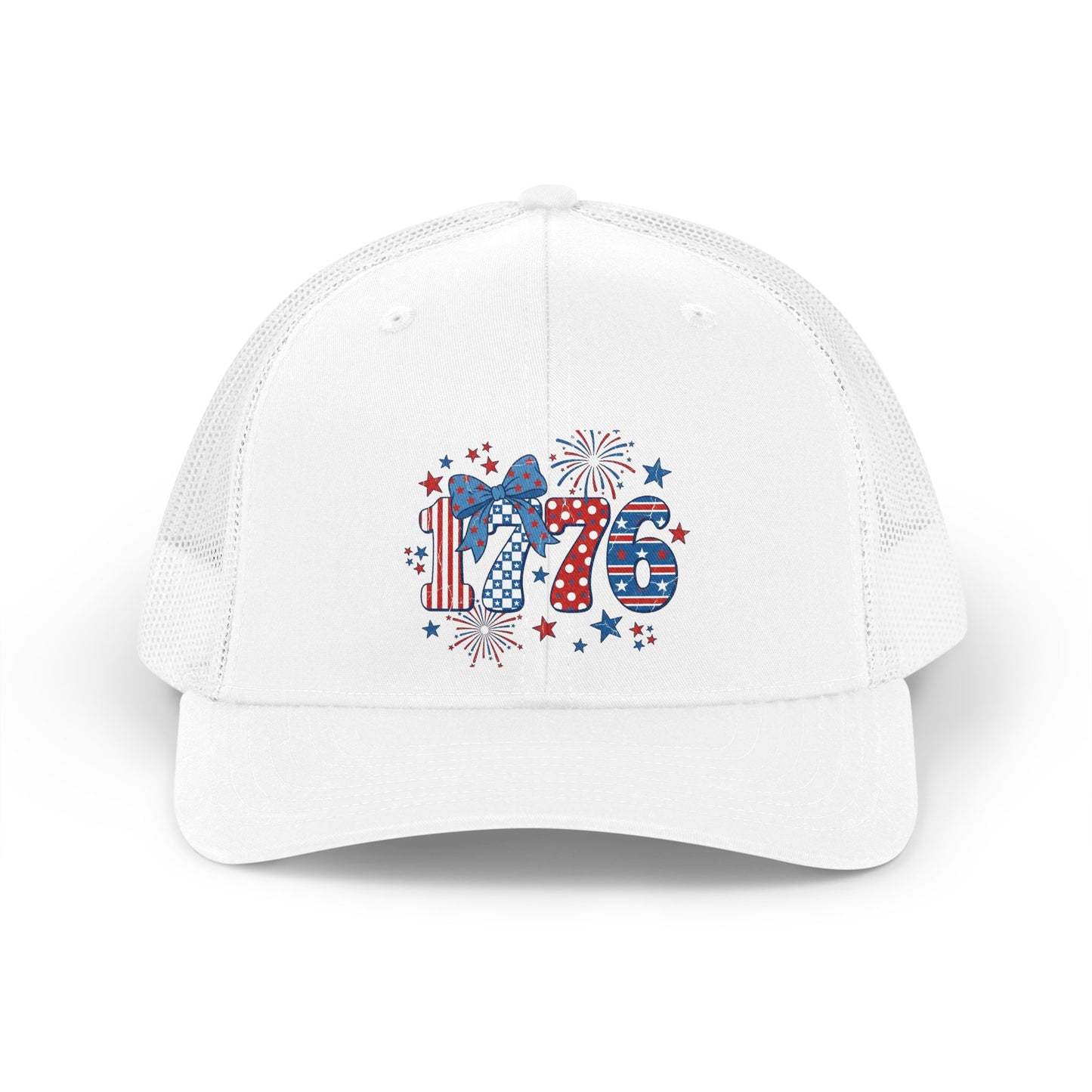 White mesh trucker hat with patriotic 1776 graphic featuring fireworks and a bow.