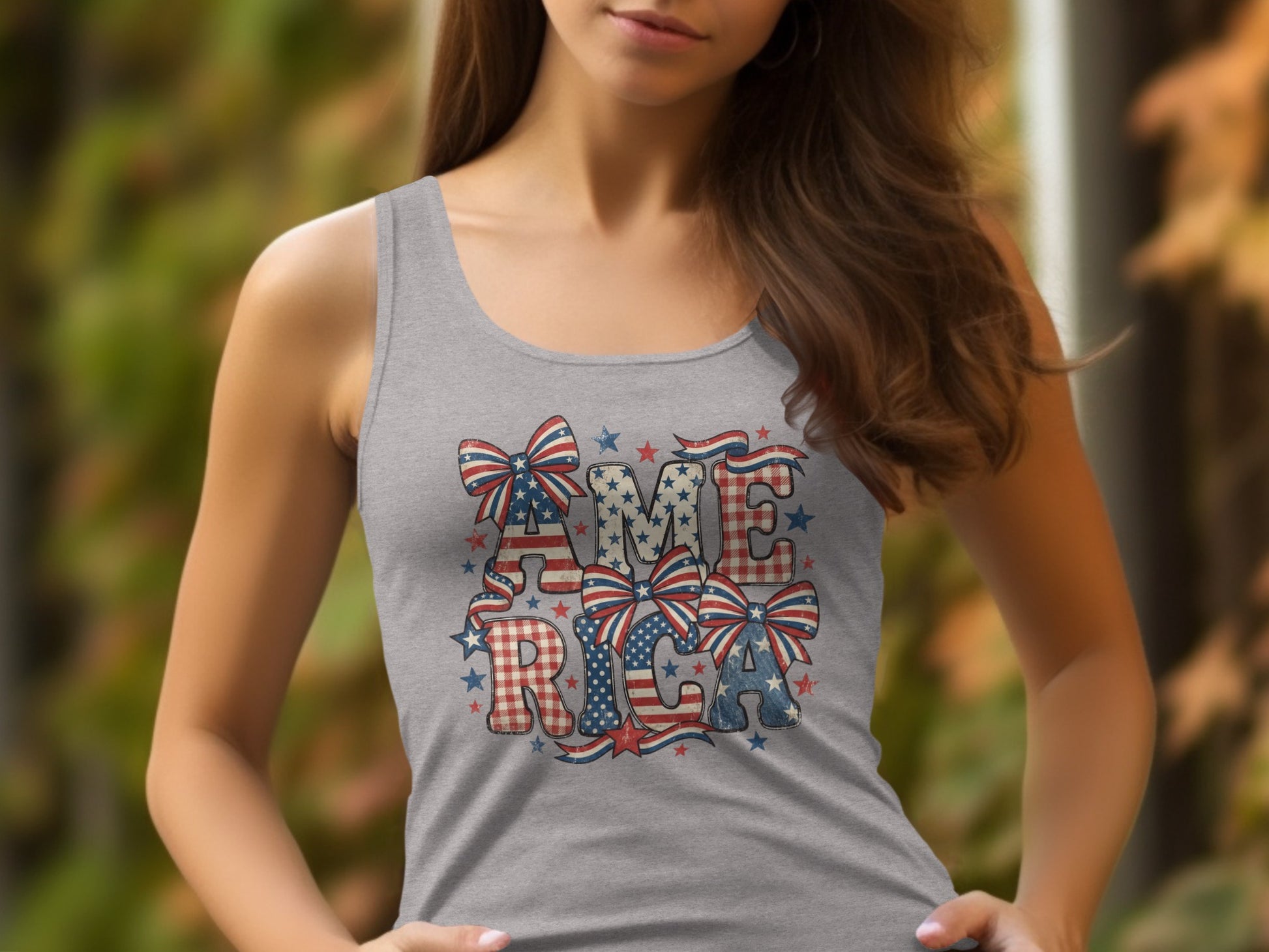 Grey tank top with "AMERICA" text in distressed patriotic patterns.