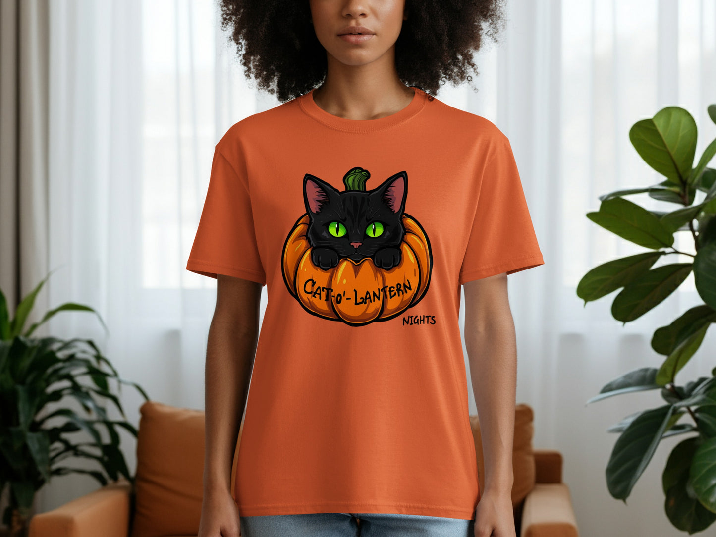 Cat-o-Lantern Black Cat Halloween Themed T-Shirt product type