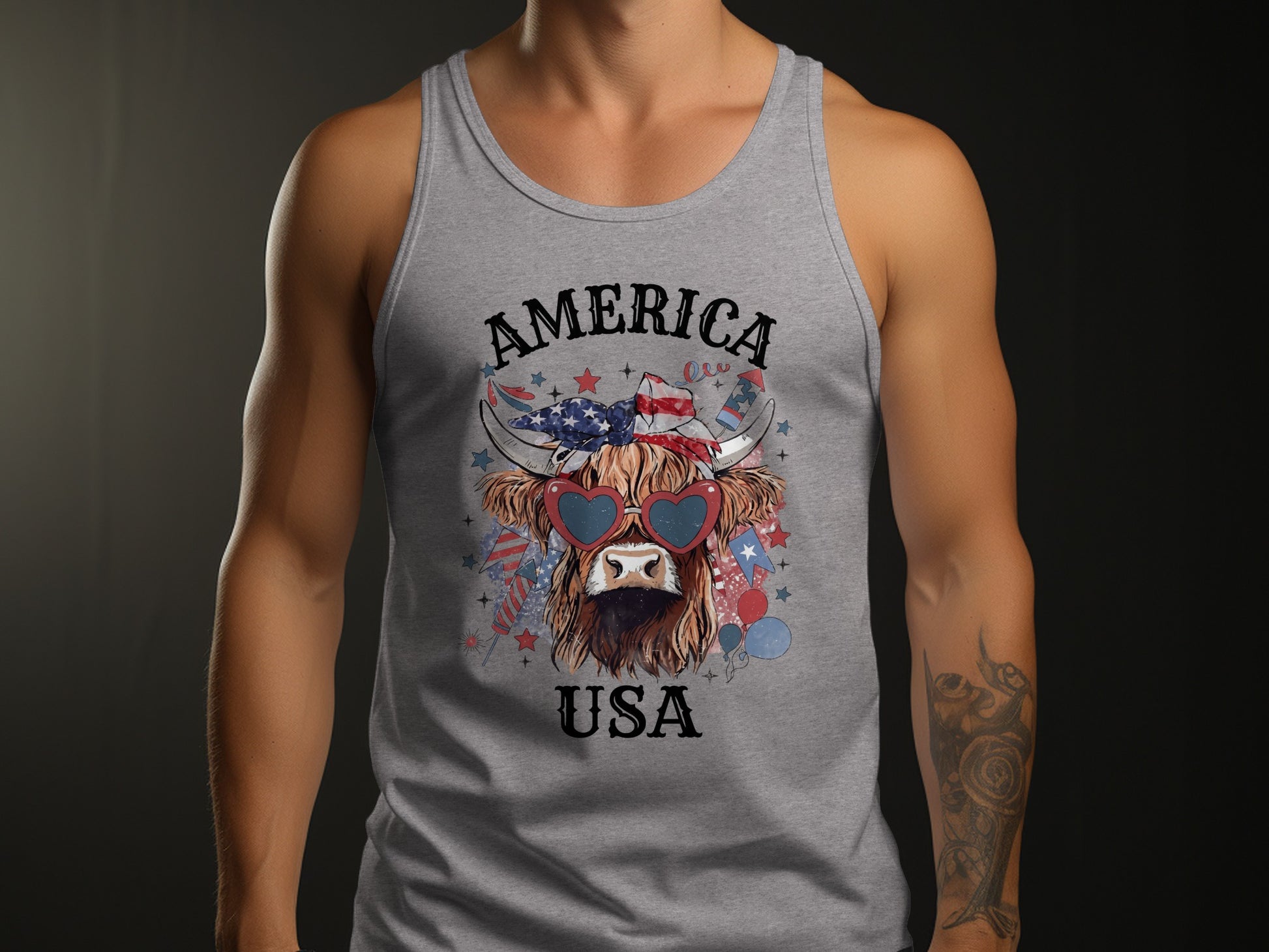 Gray tank top with patriotic highland cow graphic and text "AMERICA USA".