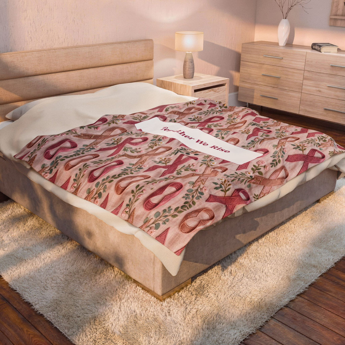 Together We Rise | Pink Ribbon Velveteen Plush Blanket