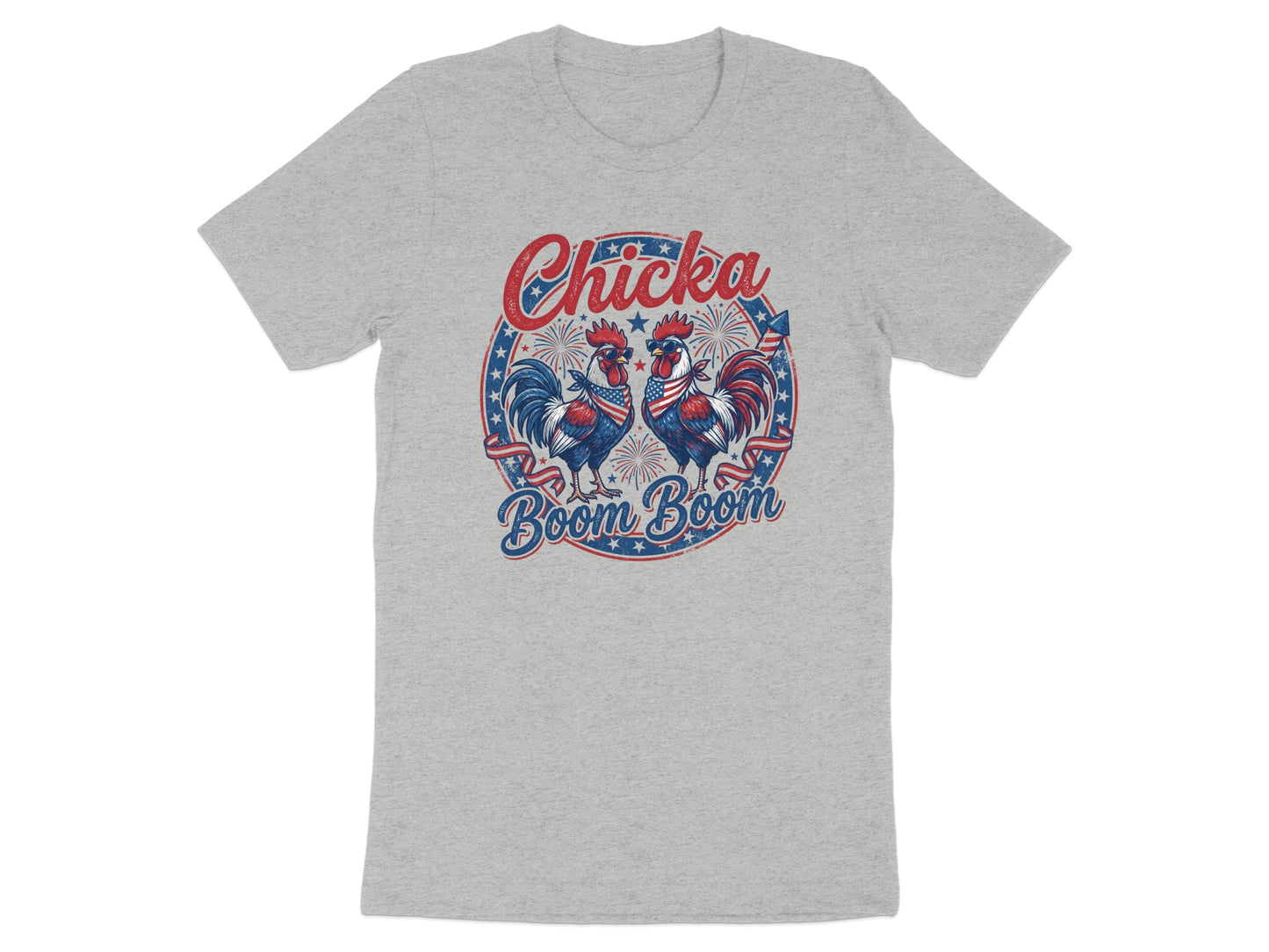 Two roosters in a patriotic circle with "Chicka Boom Boom" text.