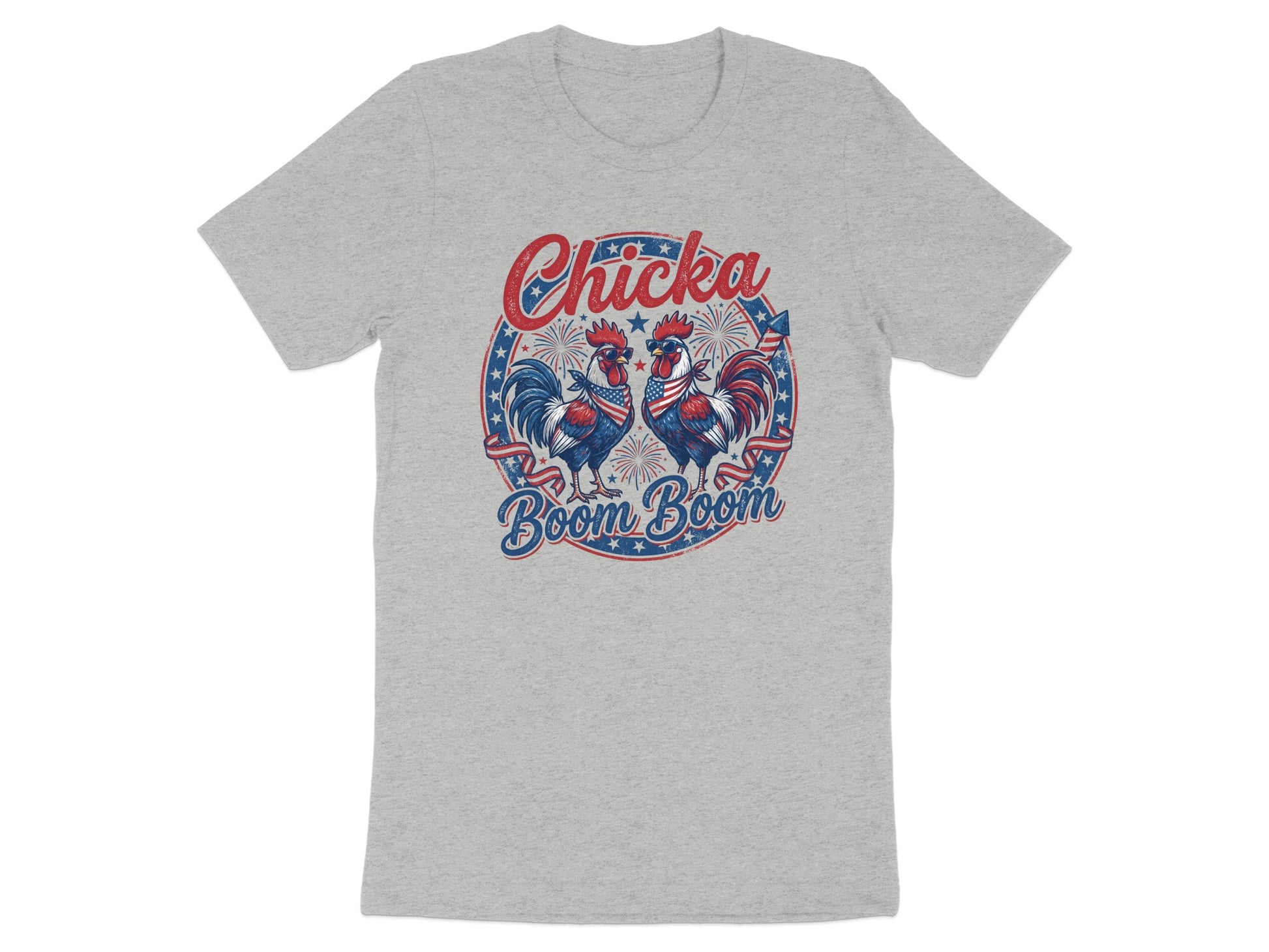 Two roosters in a patriotic circle with "Chicka Boom Boom" text.