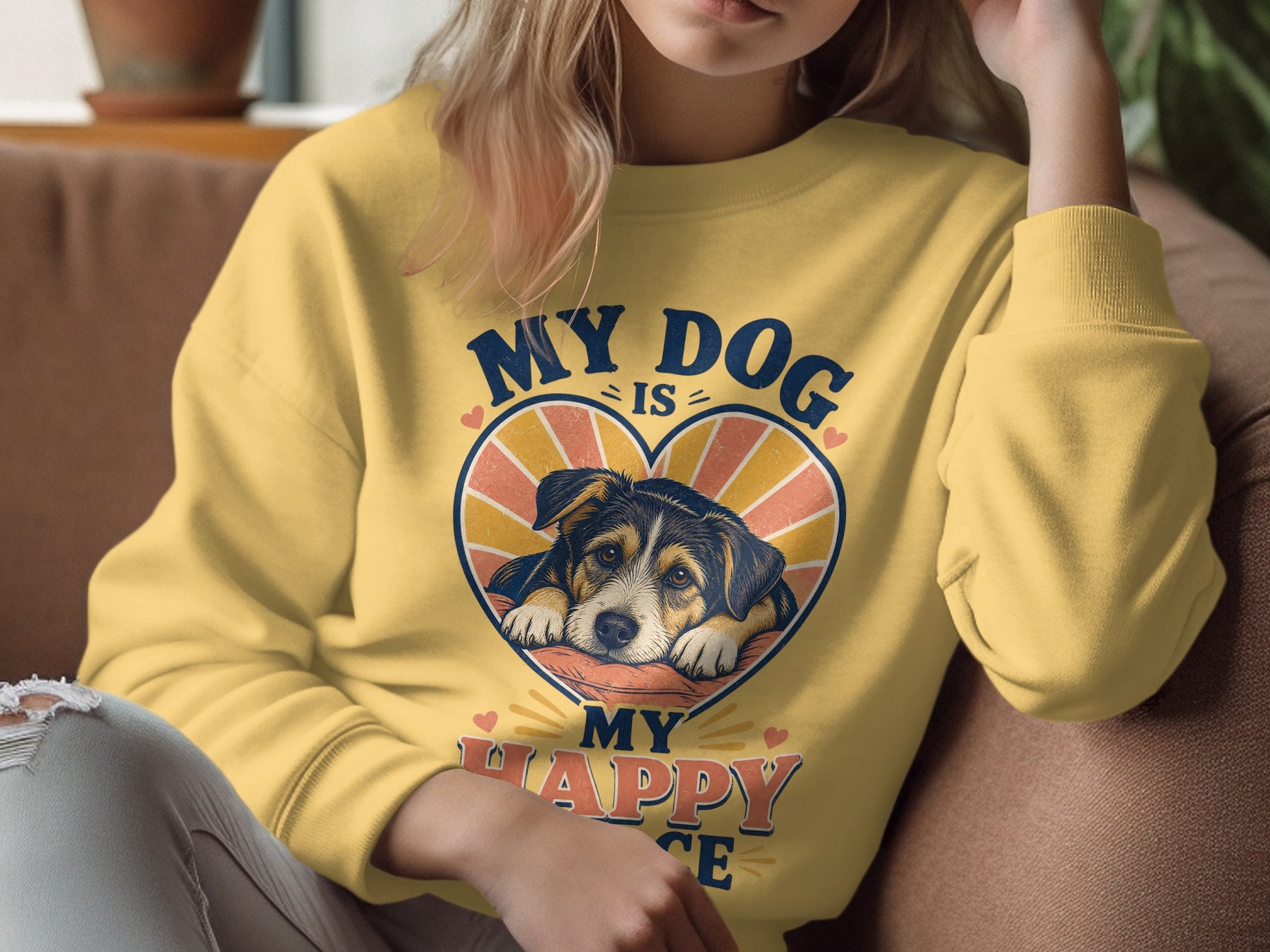 Yellow sweatshirt with a heart graphic featuring a dog and text "My dog is my happy place."