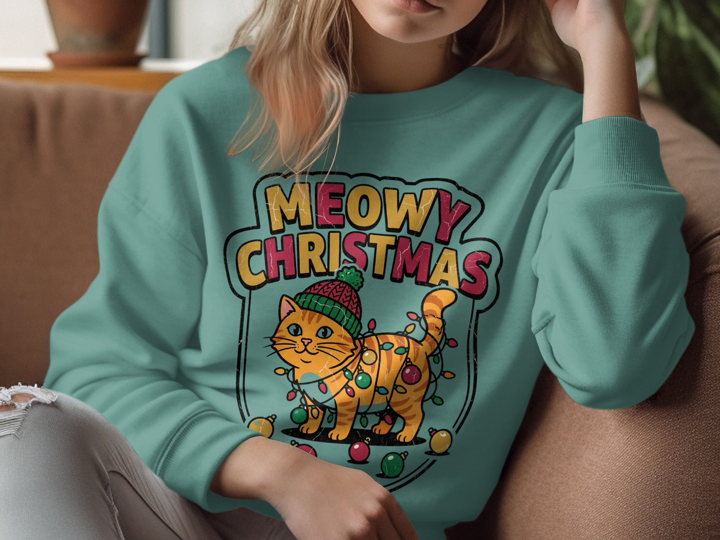 Ginger cat in Christmas lights and hat with "Meowy Christmas" text.
