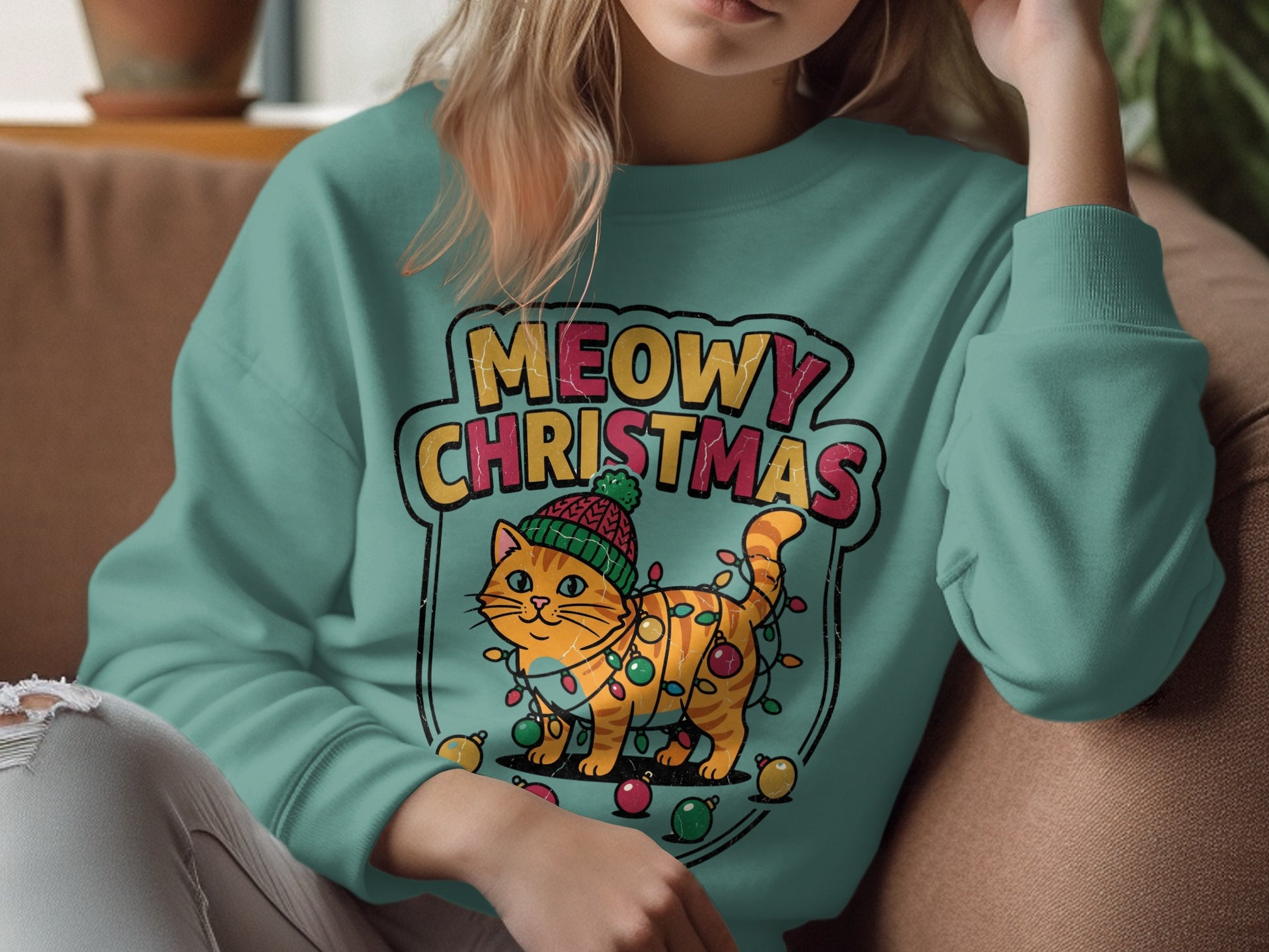 Ginger cat in Christmas lights and hat with "Meowy Christmas" text.