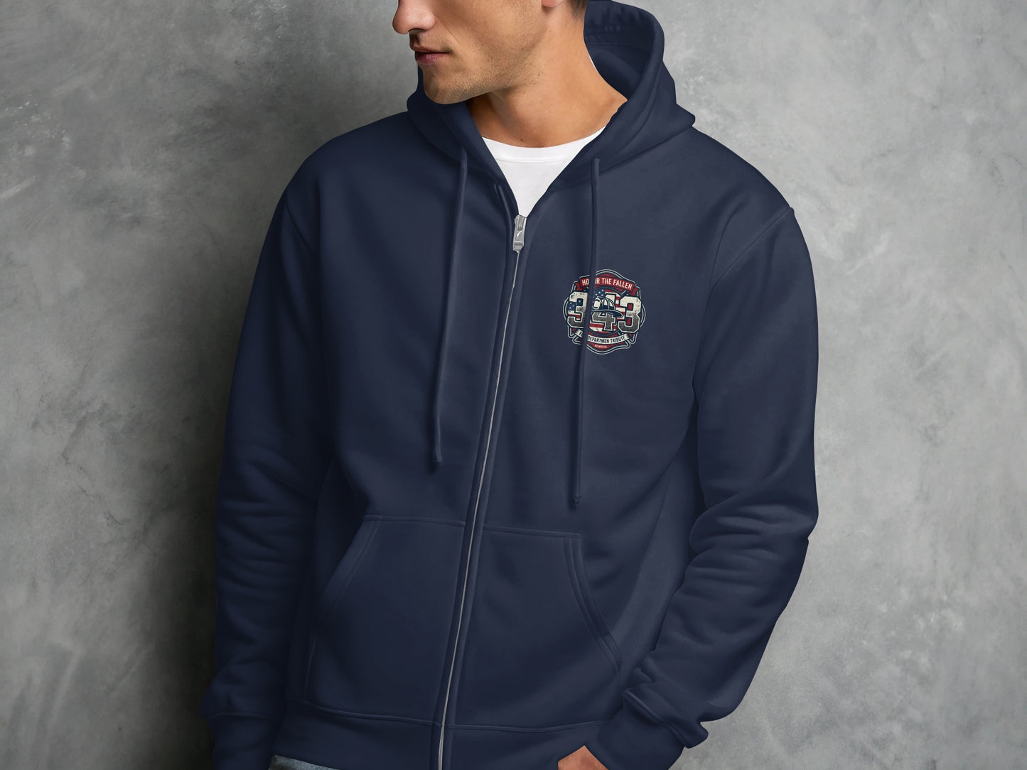 Navy zip-up hoodie with "343" and "Honor the Fallen" graphic on the left chest.