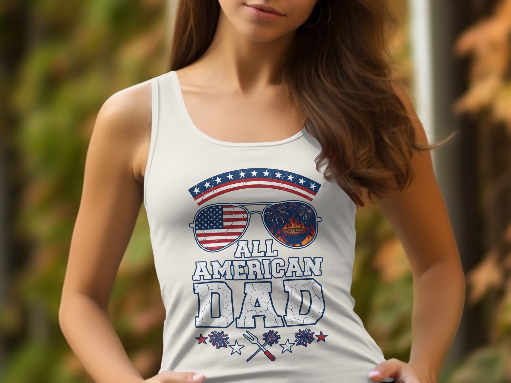 White tank top with "All American Dad" text and patriotic graphics.