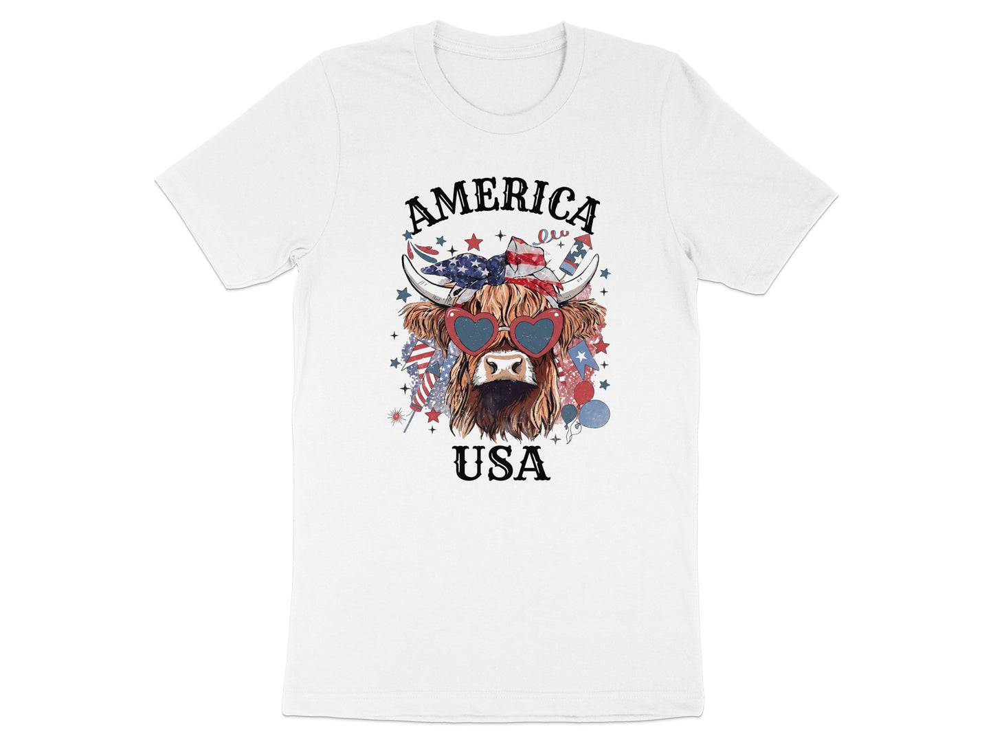 Highland cow with heart sunglasses and American flag elements, "AMERICA USA".